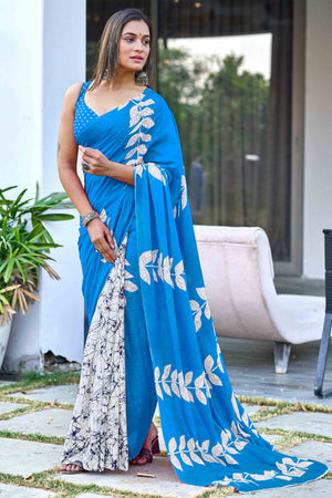 Sky Blue Pure Cotton Saree with Stylish Bagru Patterns
