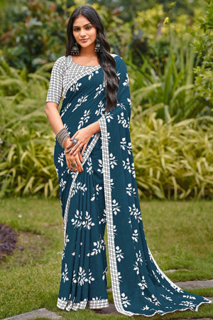Dark Grey Floral Printed Fancy Light Weight Cotton Saree