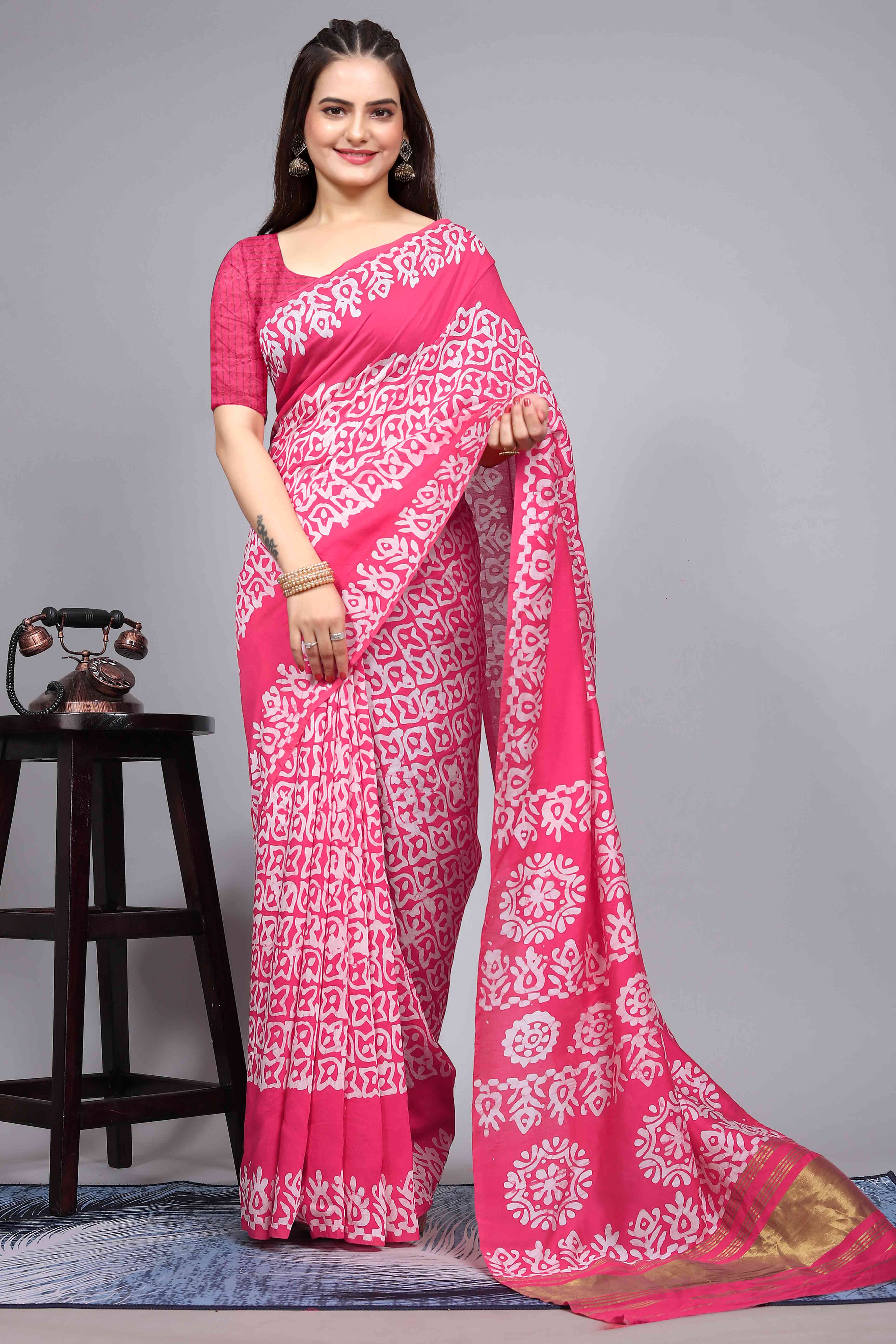 Pink Floral Printed Chanderi Cotton Silk Lagdi patta Saree