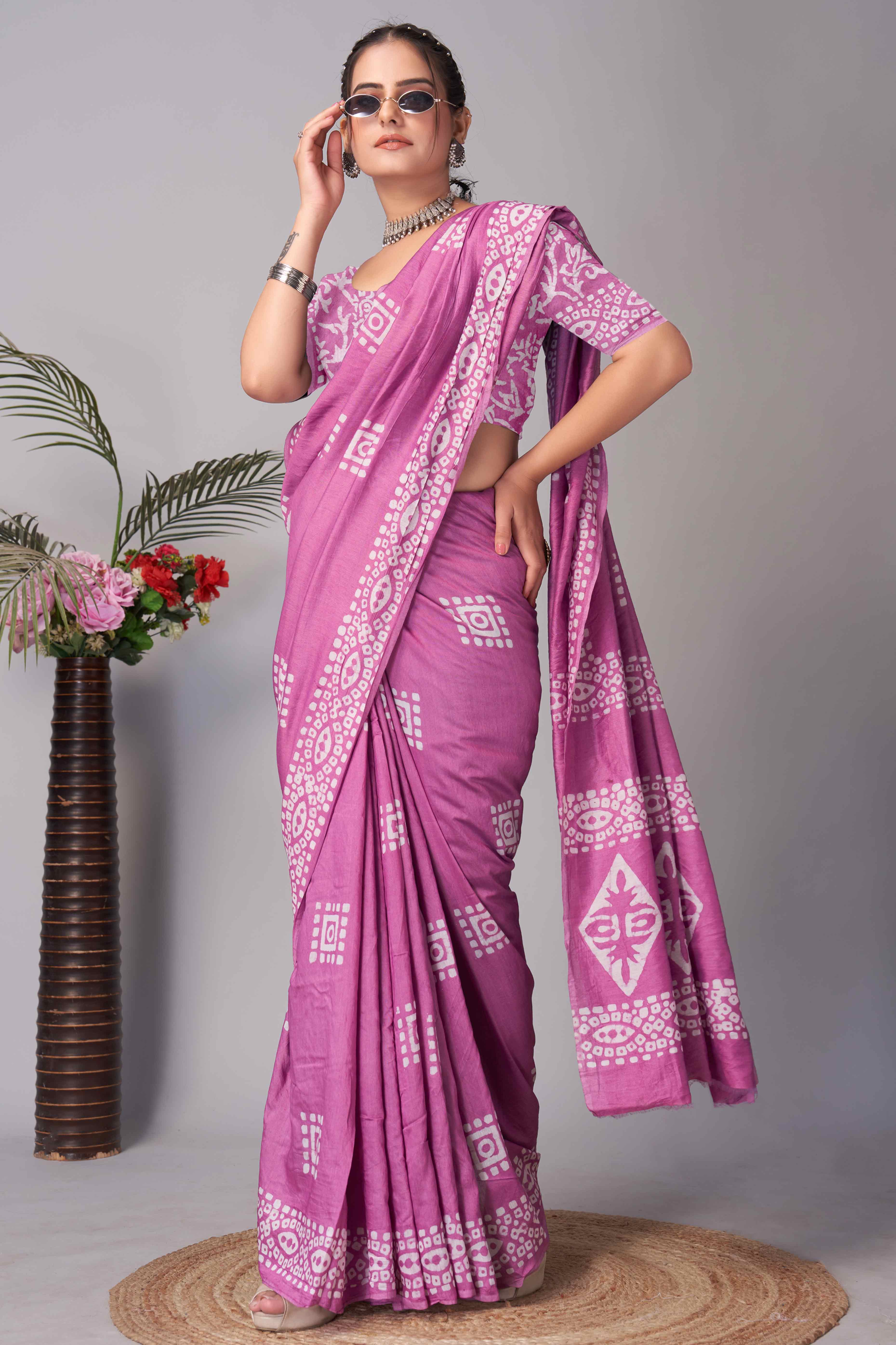 Pink Batik Printed Chanderi Cotton Silk Saree