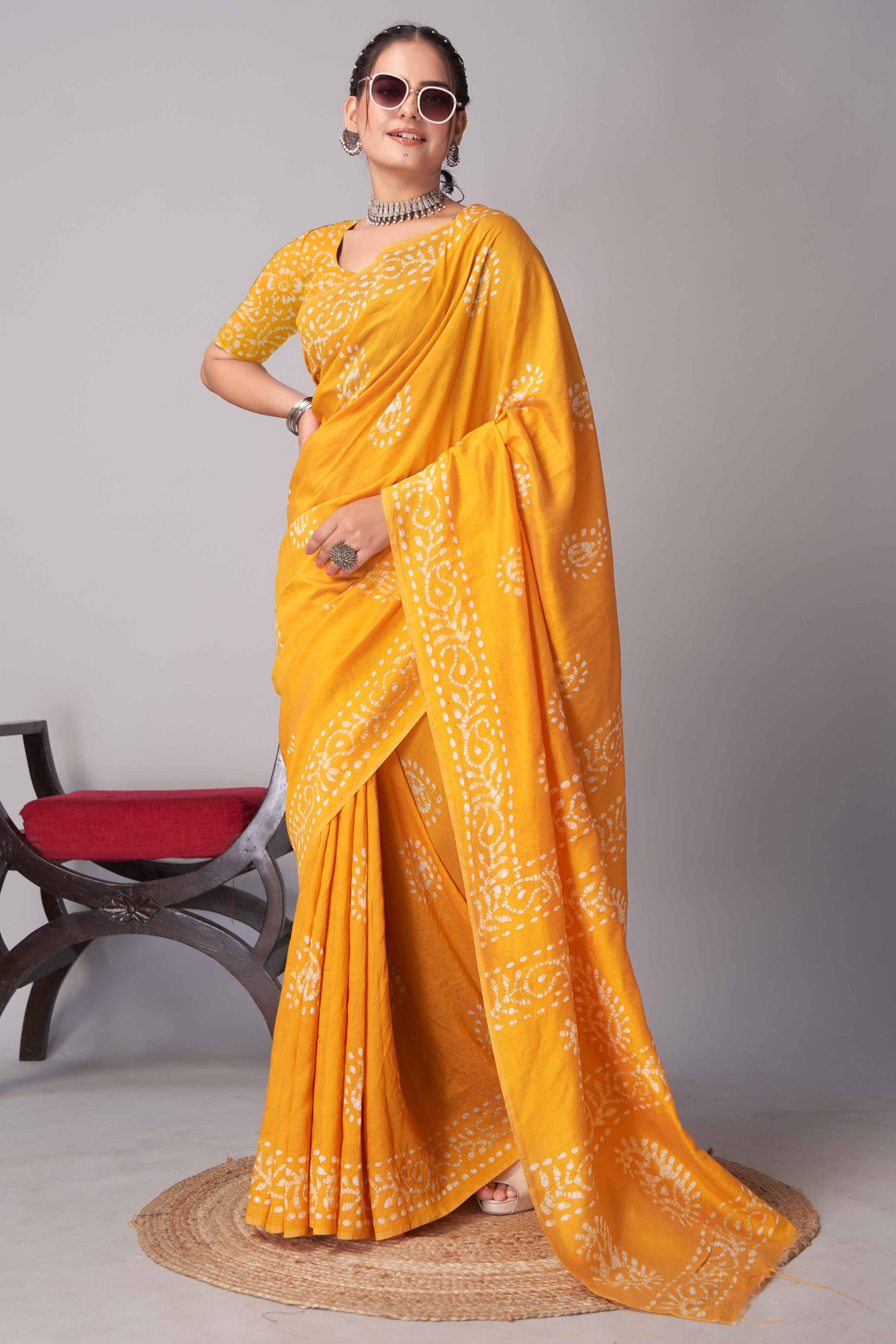 Yellow Batik Printed Chanderi Cotton Silk Saree