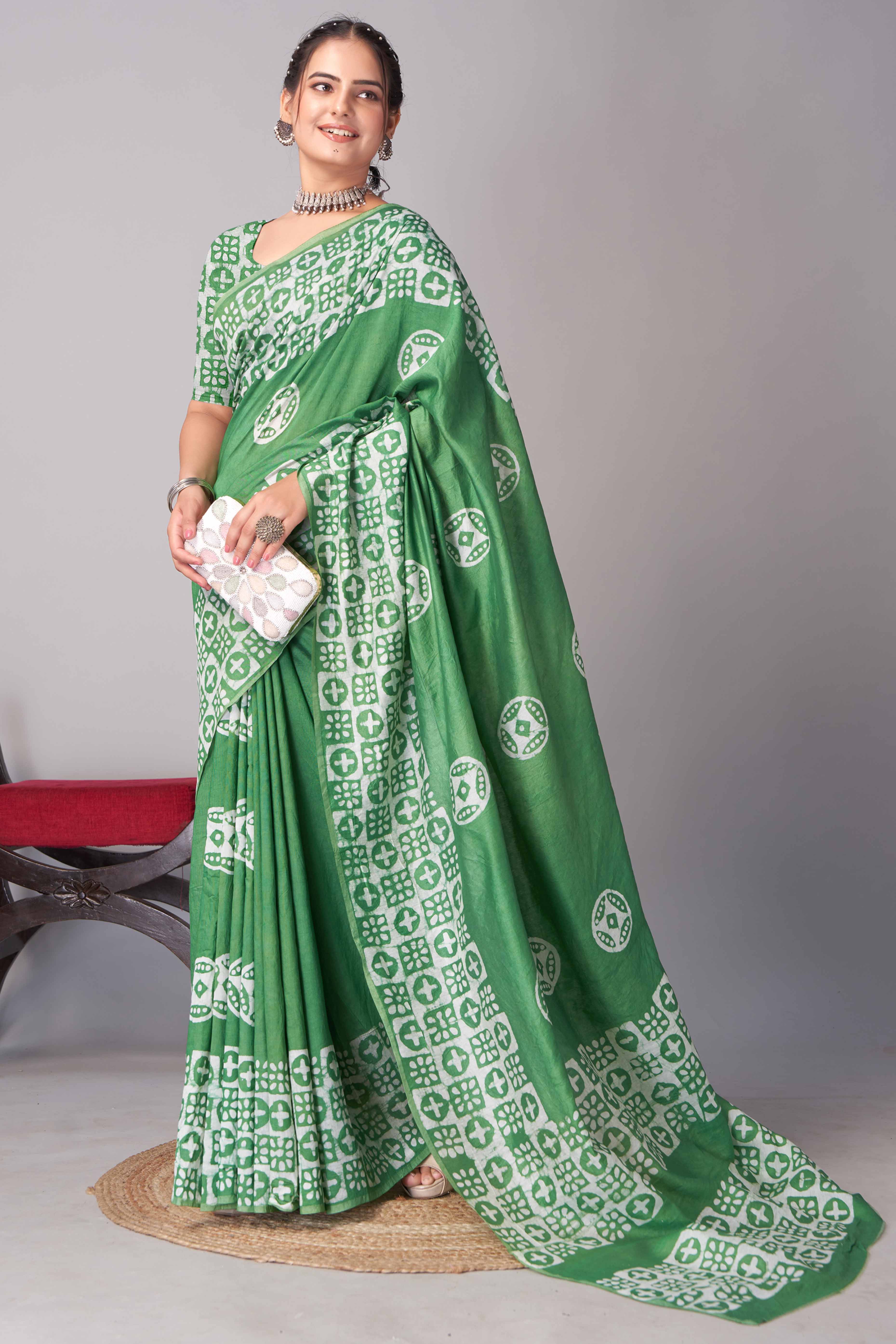 Green Batik Printed Chanderi Cotton Silk Saree