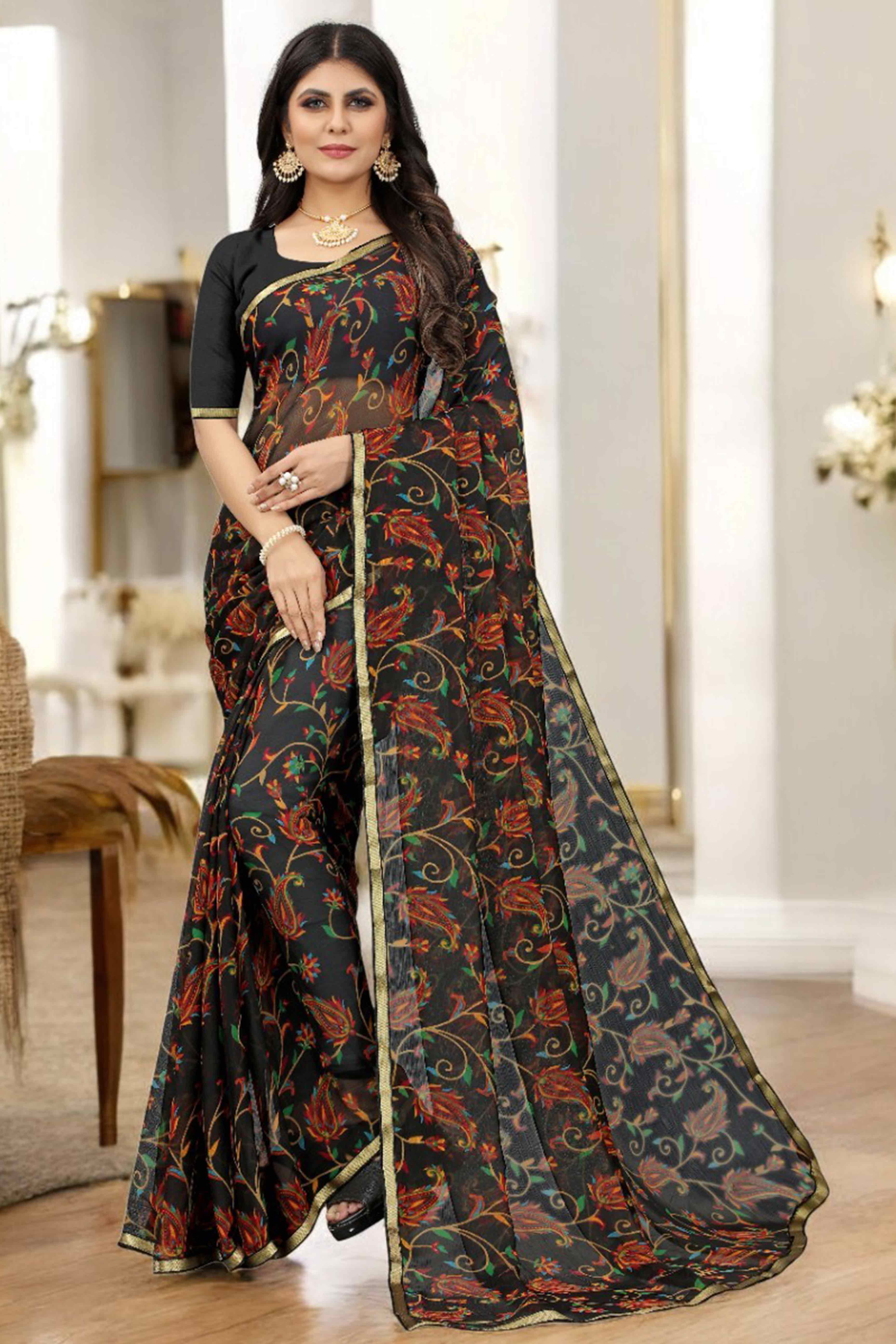 Black Printed Chiffon Saree With Lace Border