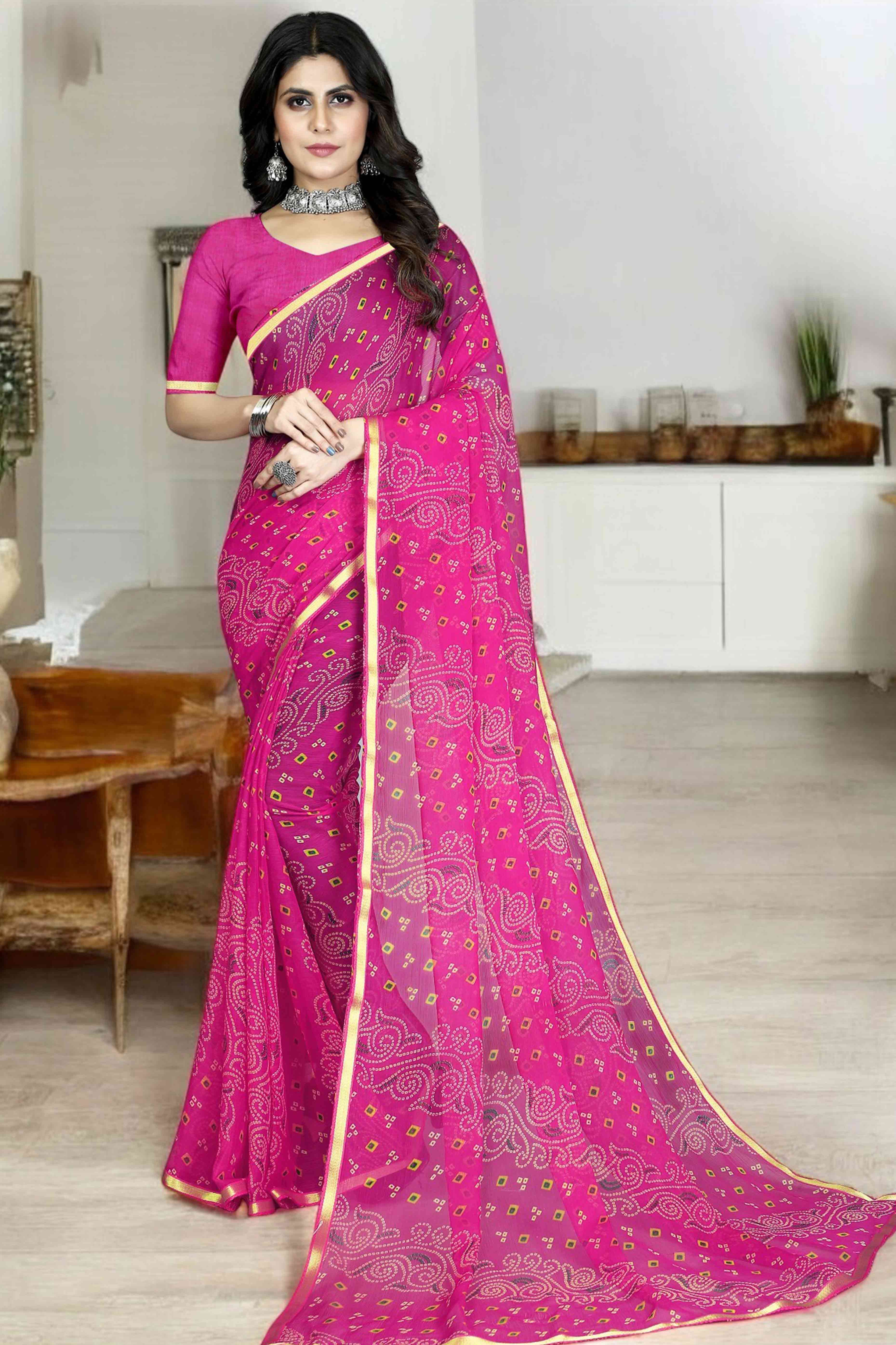 Rani Pink Bandhani Printed Chiffon Saree With Lace Border