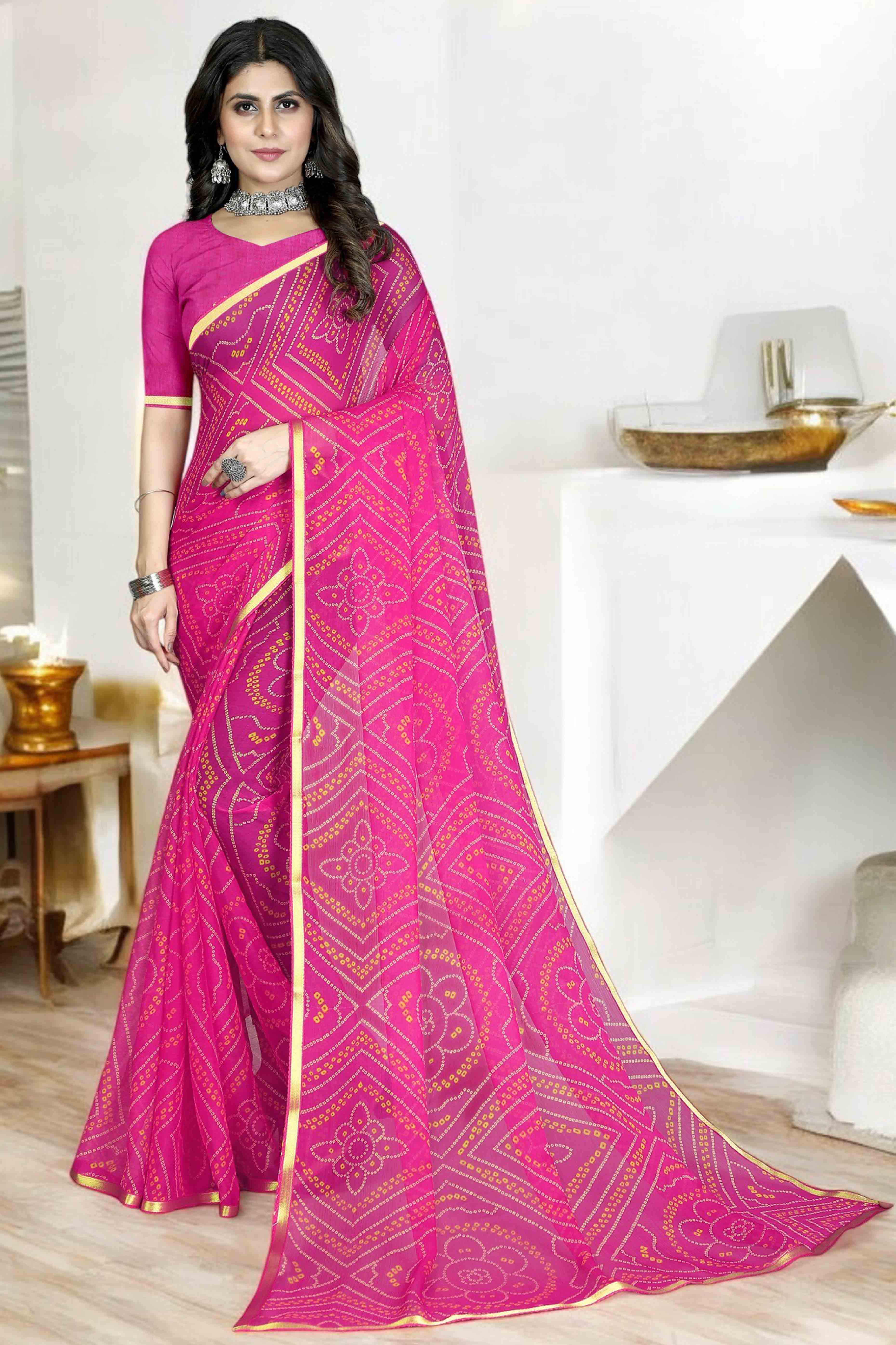 Pink Bandhani Printed Chiffon Saree With Lace Border