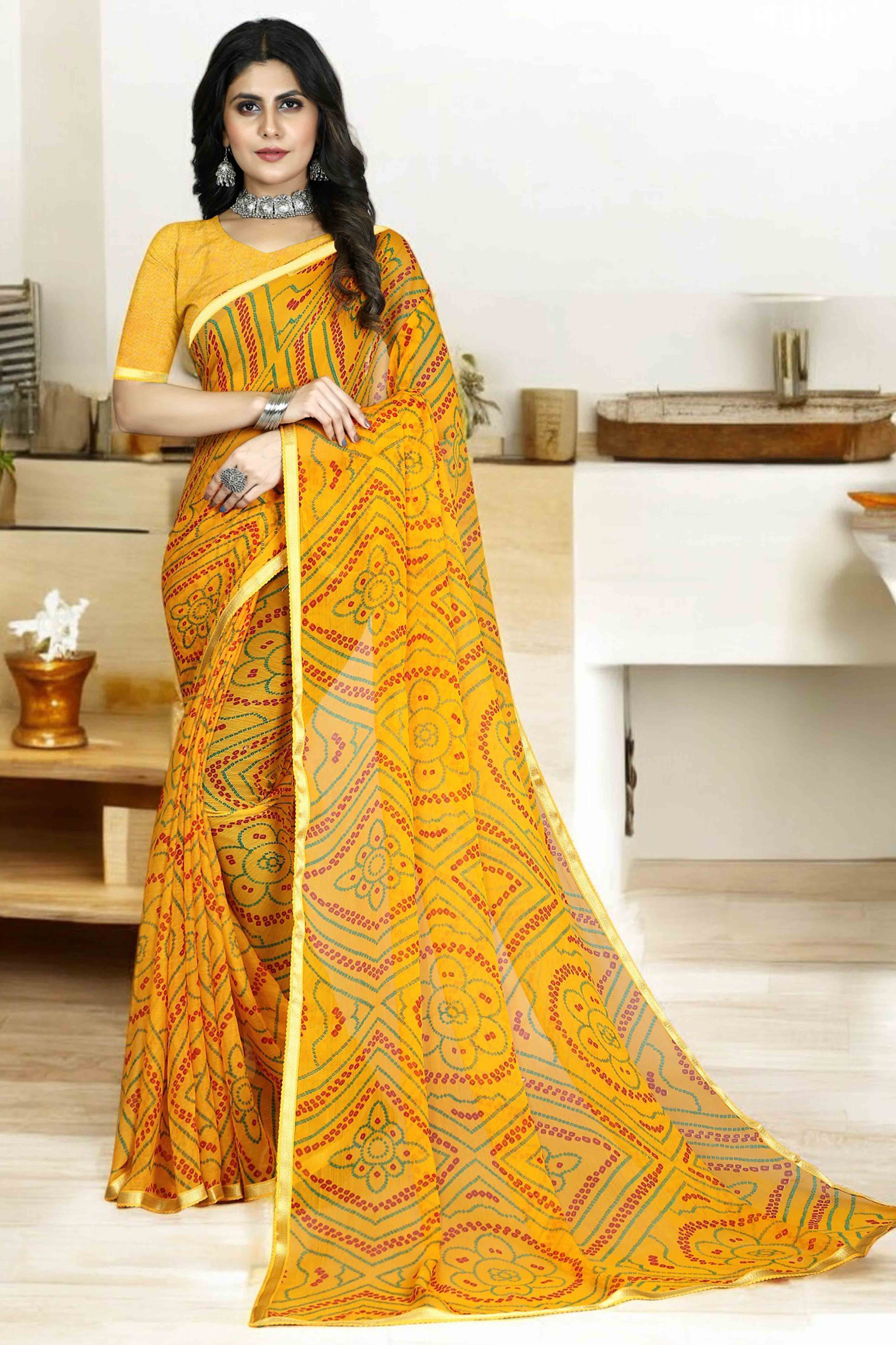 Mustard Bandhani Printed Chiffon Saree With Lace Border