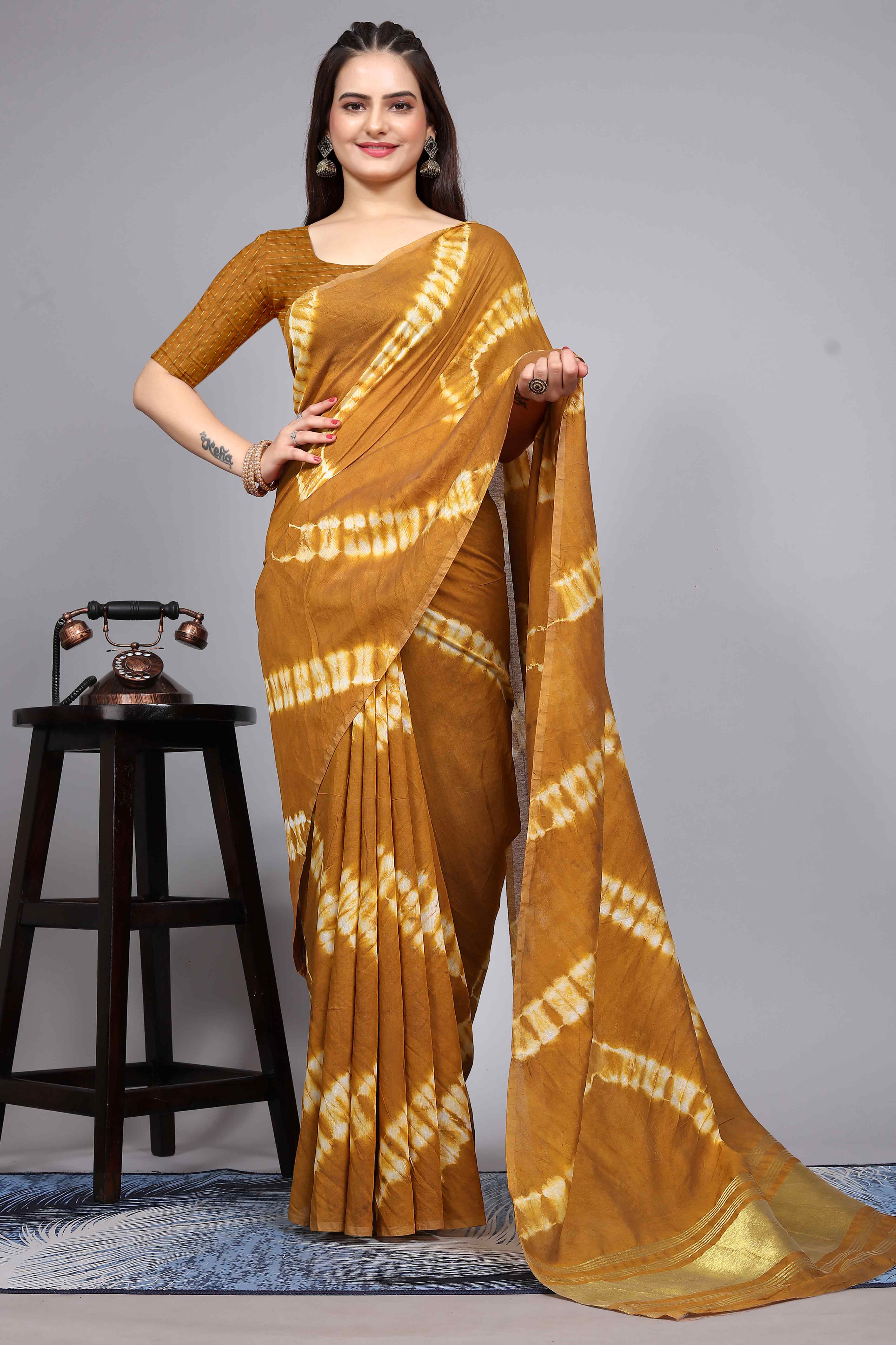 Mustard Shibori Leheriya Printed Chanderi Cotton Silk Lagdi Patta Saree