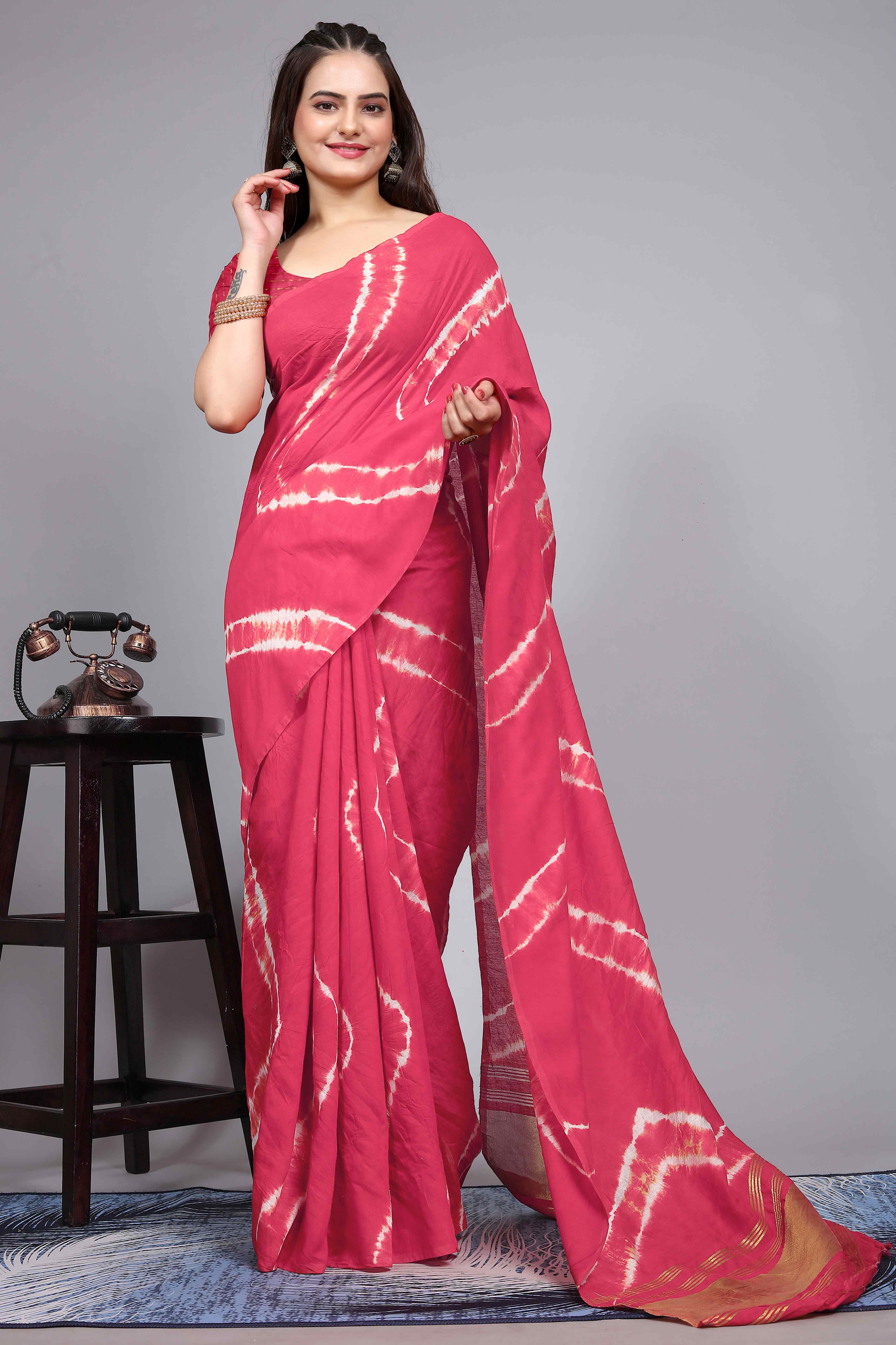 Pink Shibori Leheriya Printed Chanderi Cotton Silk Lagdi Patta Saree
