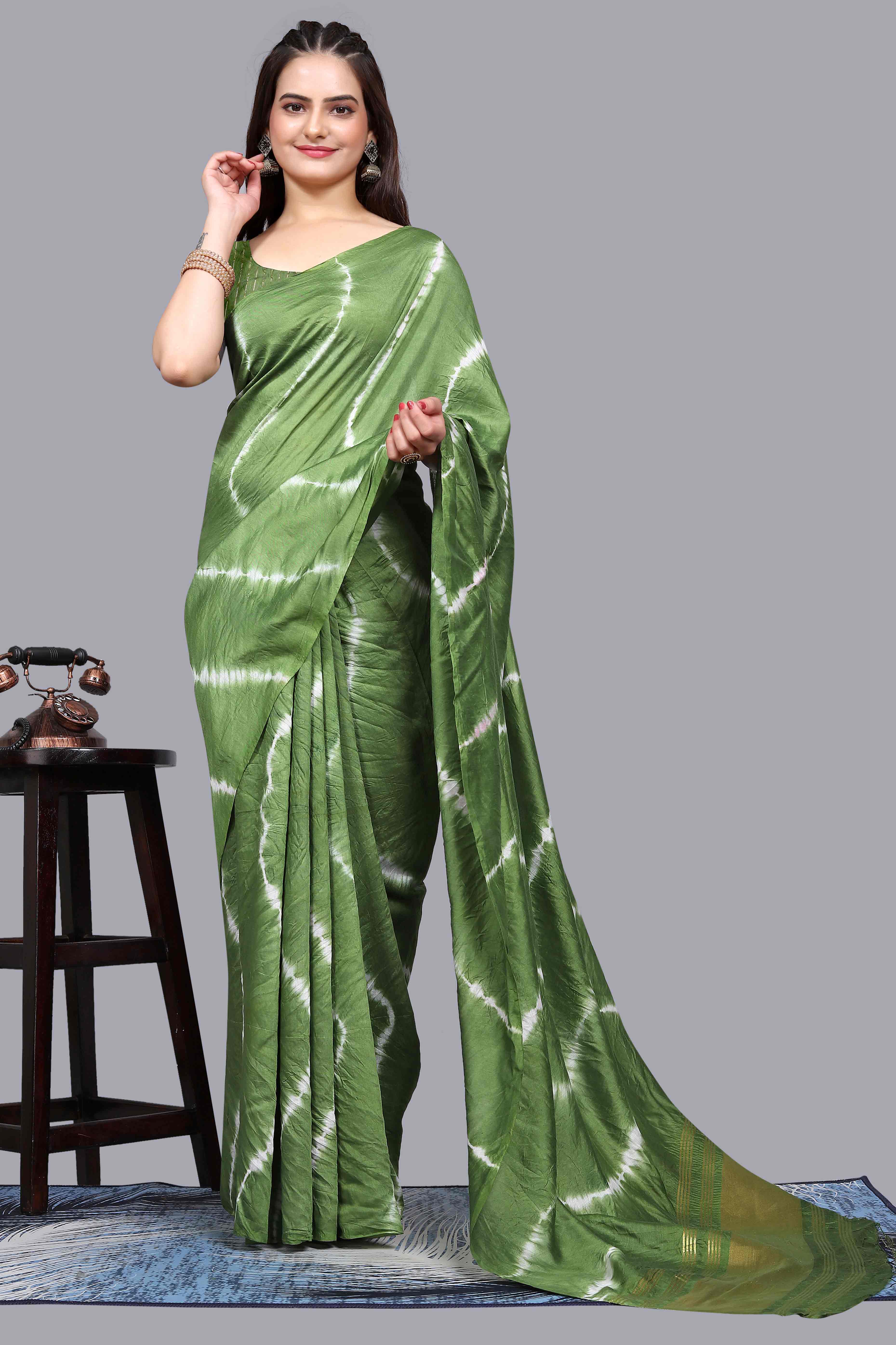 Green Leheriya Printed Chanderi Cotton Silk Lagdi Patta Saree