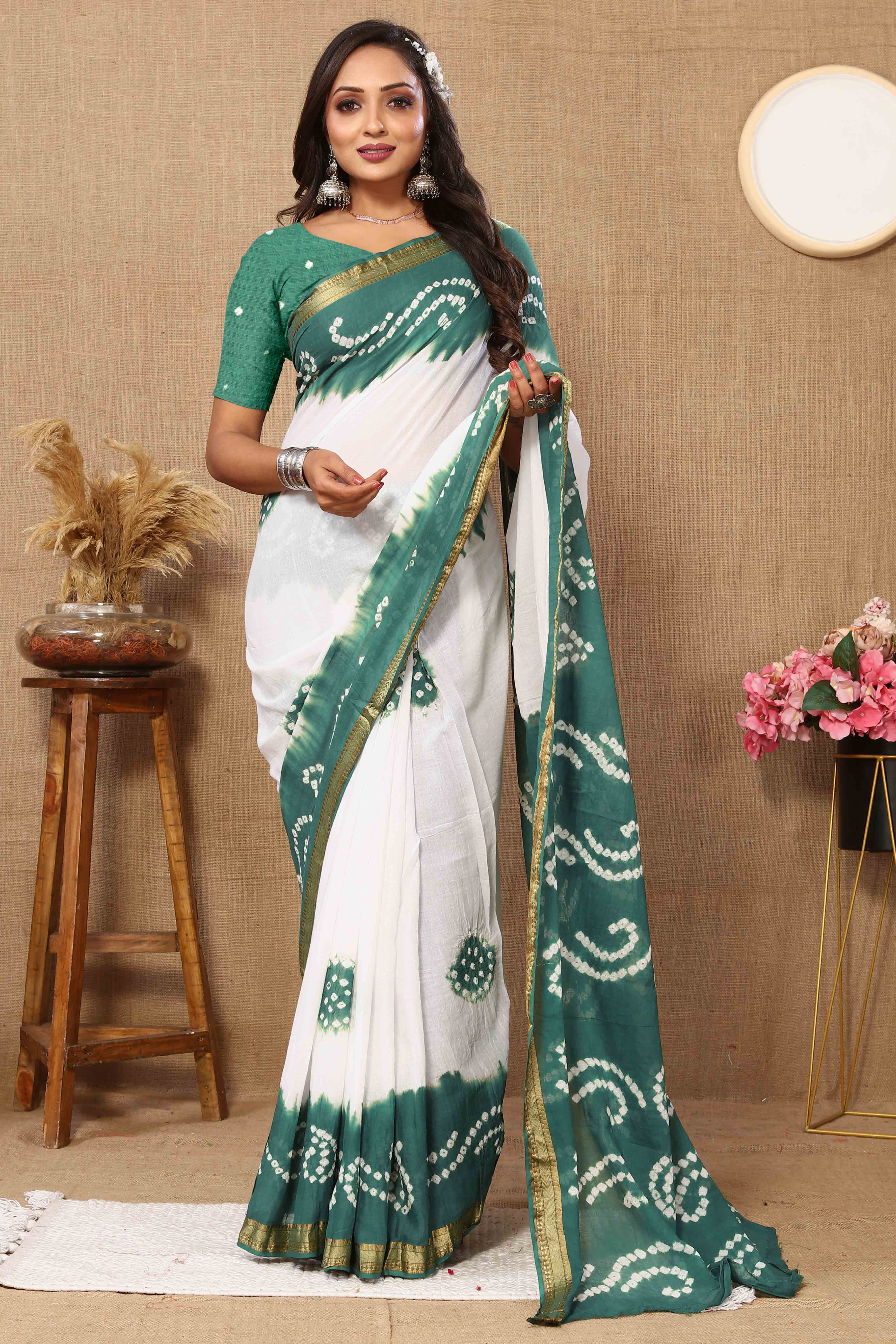 Rama Green & White Bandhani Printed Mul Mul Pure Cotton Saree
