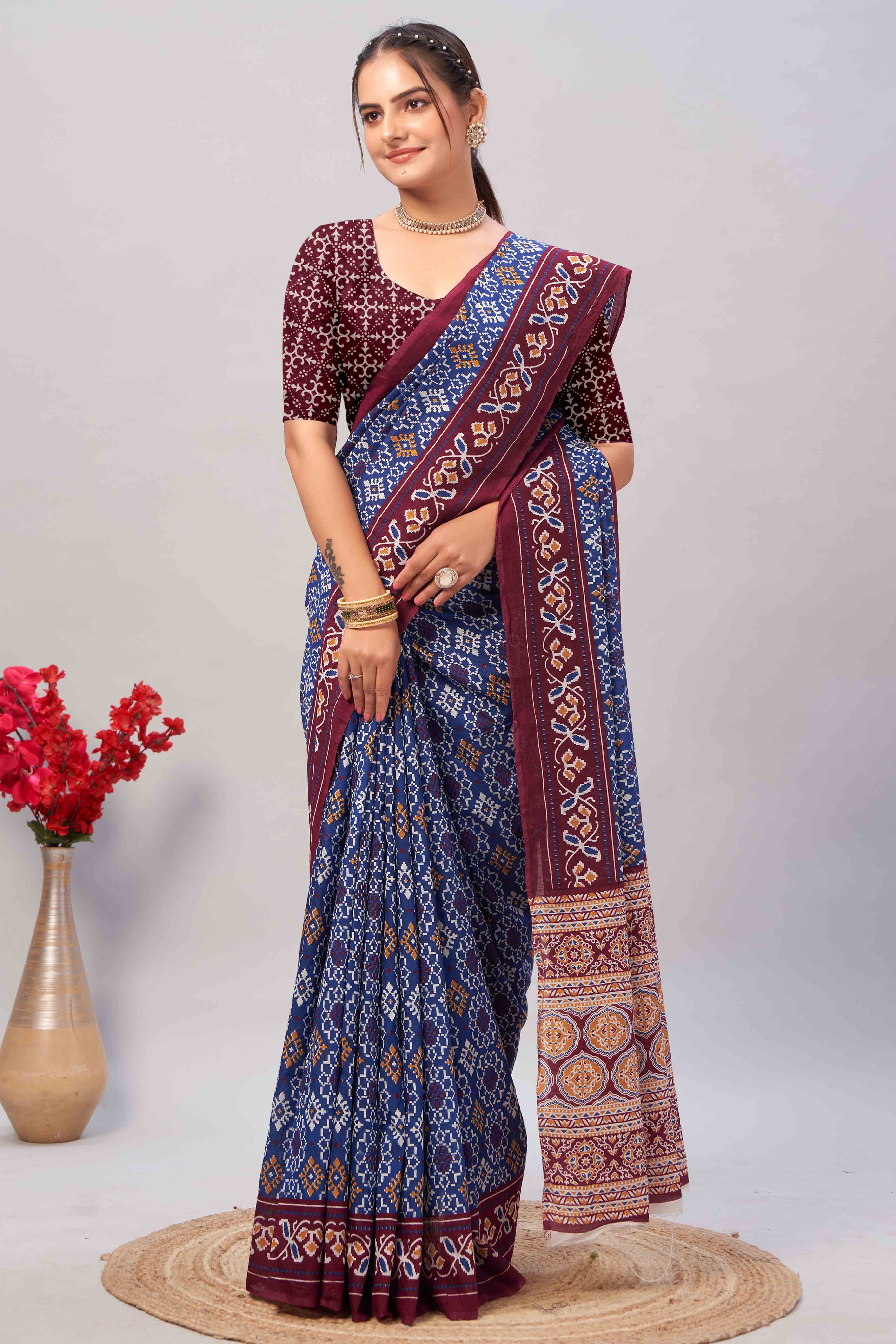 Blue Ajrakh Printed Cotton Blend Saree