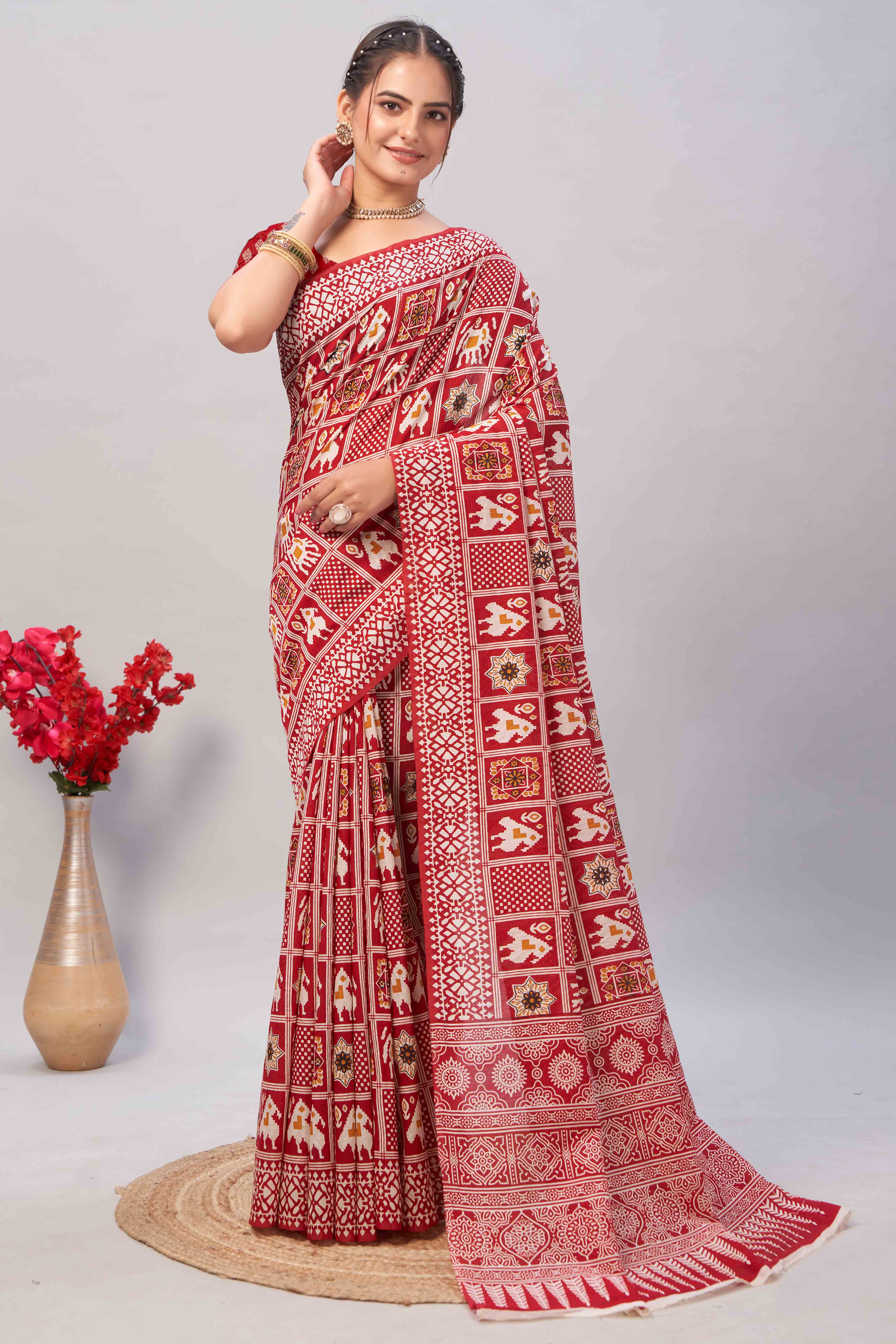 Red Ajrakh Printed Cotton Blend Saree