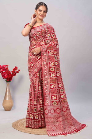 Red Ajrakh Printed Cotton Blend Saree