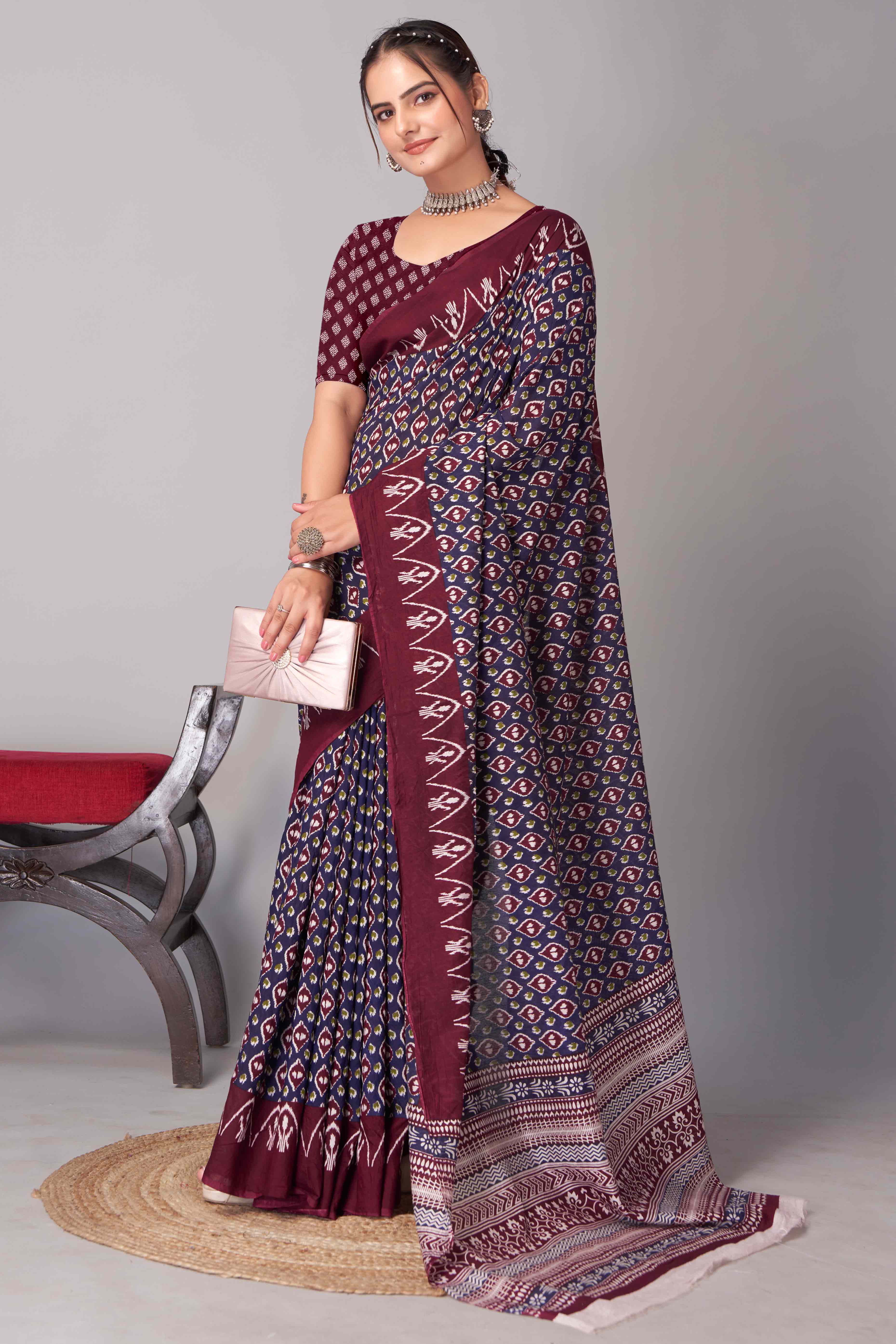 Blue & Maroon Ajrakh Printed Cotton Blend Saree