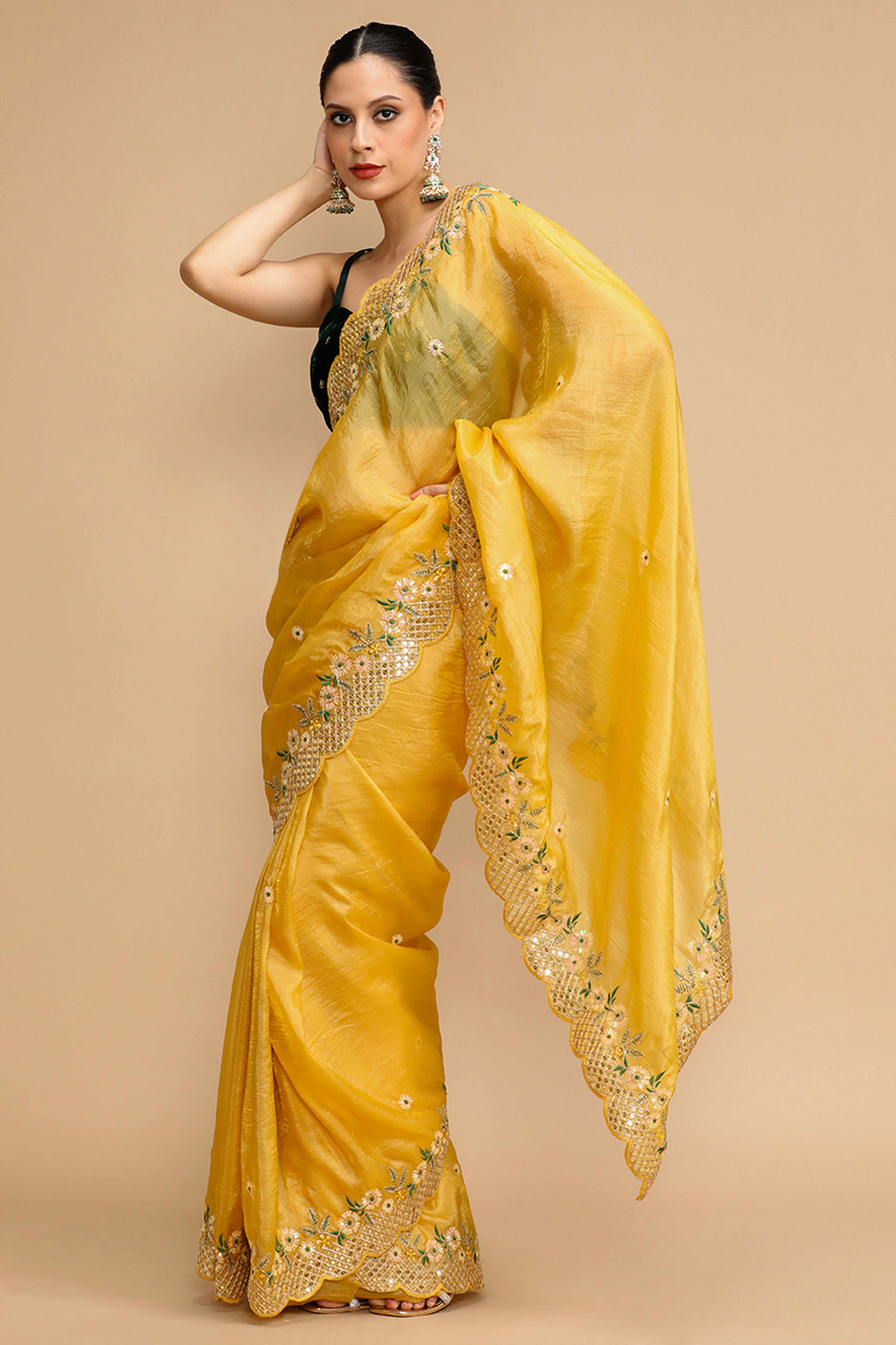 Mustard Floral Design Art Silk Saree with Glittering Sequins Embroidery