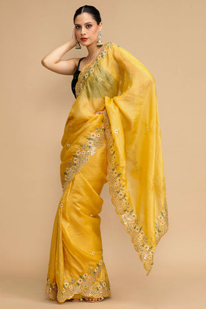 Mustard Floral Design Art Silk Saree with Glittering Sequins Embroidery
