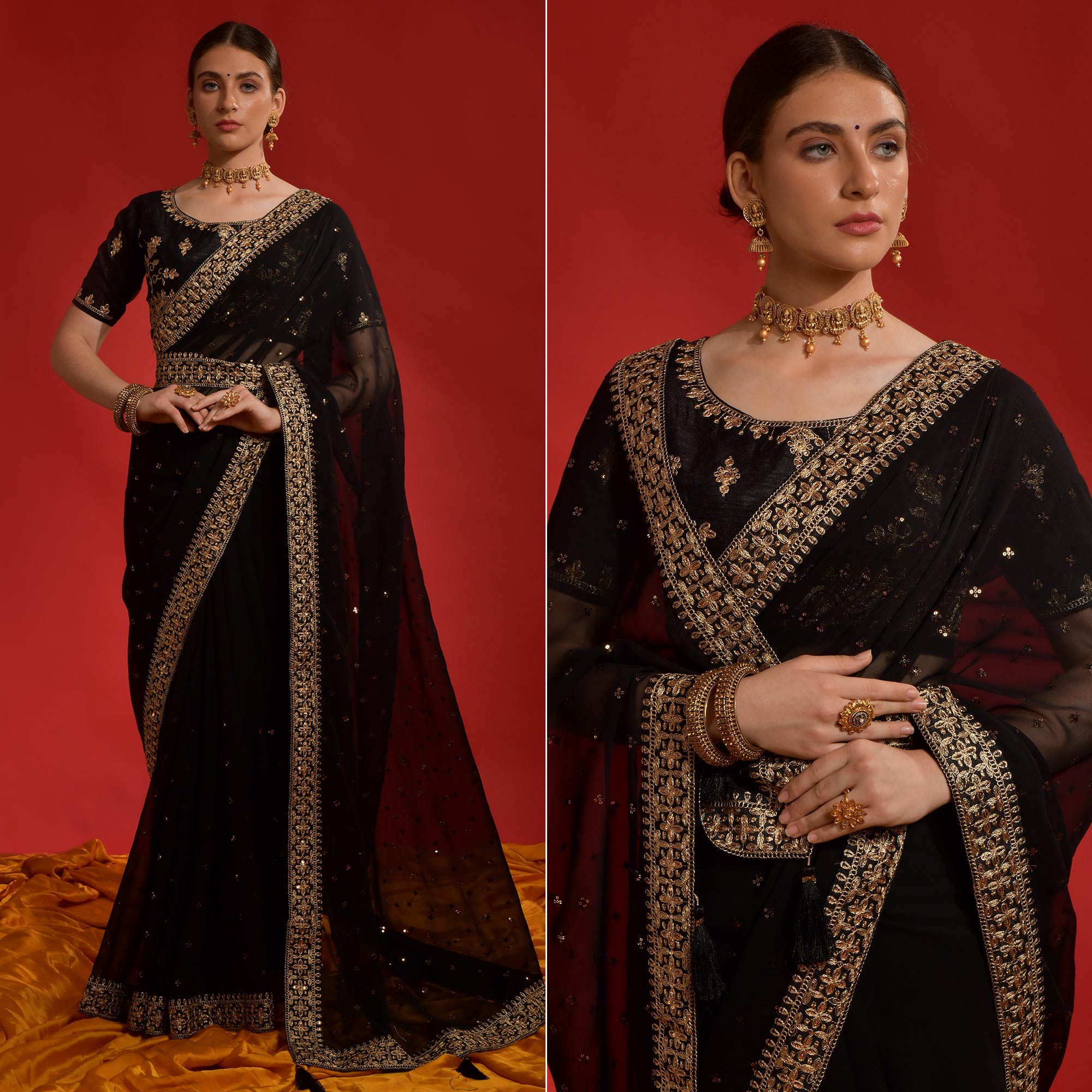 Black Sequins Embroidered Georgette Saree