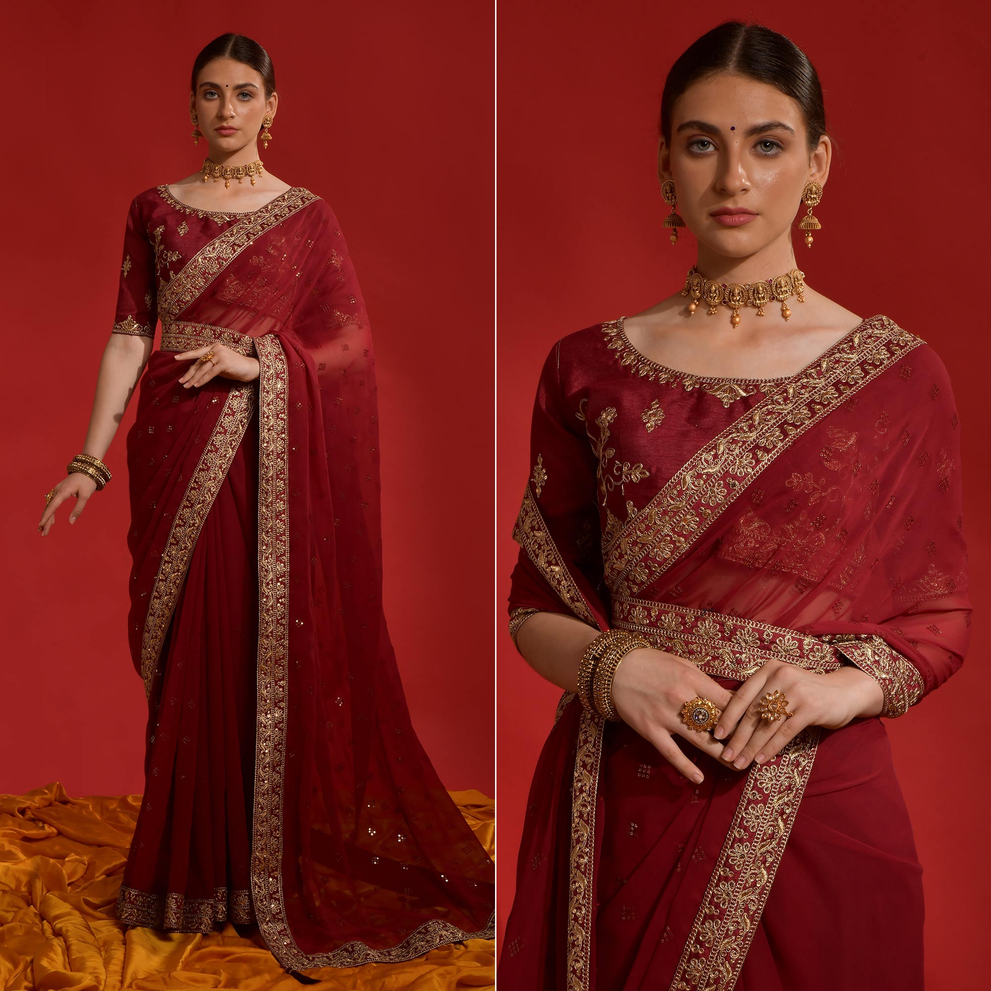 Maroon Sequins Embroidered Georgette Saree