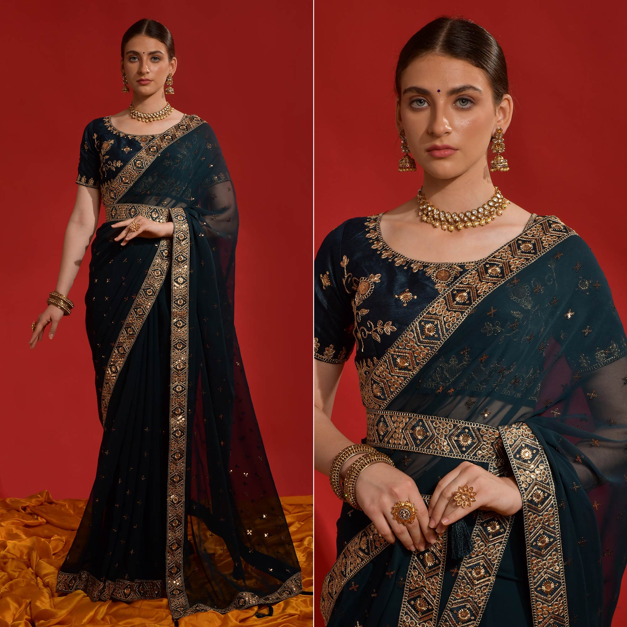 Blue Sequins Embroidered Georgette Saree