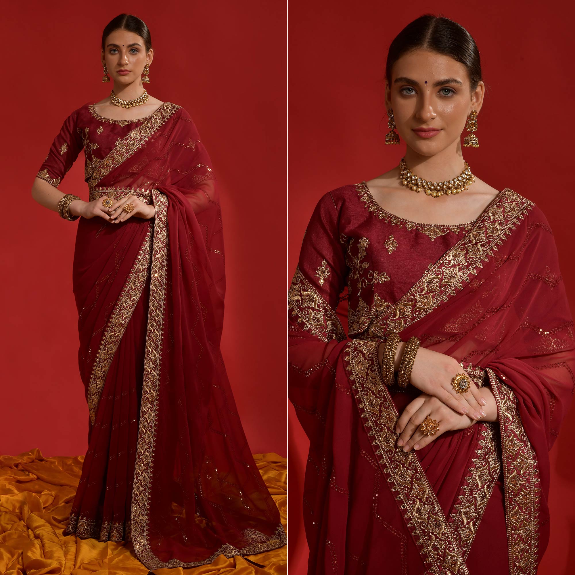 Maroon Sequins Embroidered Georgette Saree