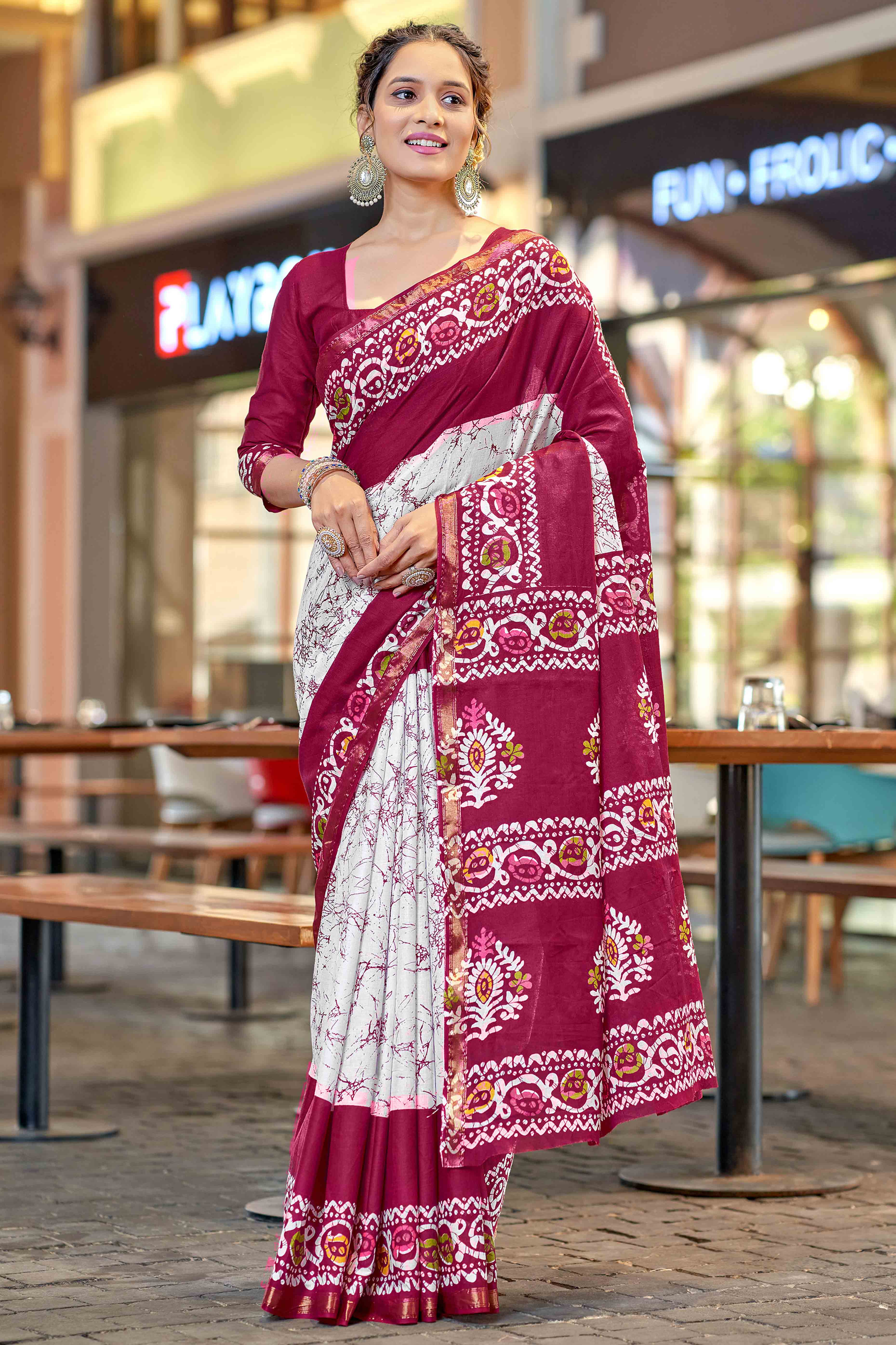 Blossom Pink Batik Traditional Print Printed Pure Mulmul Cotton Saree