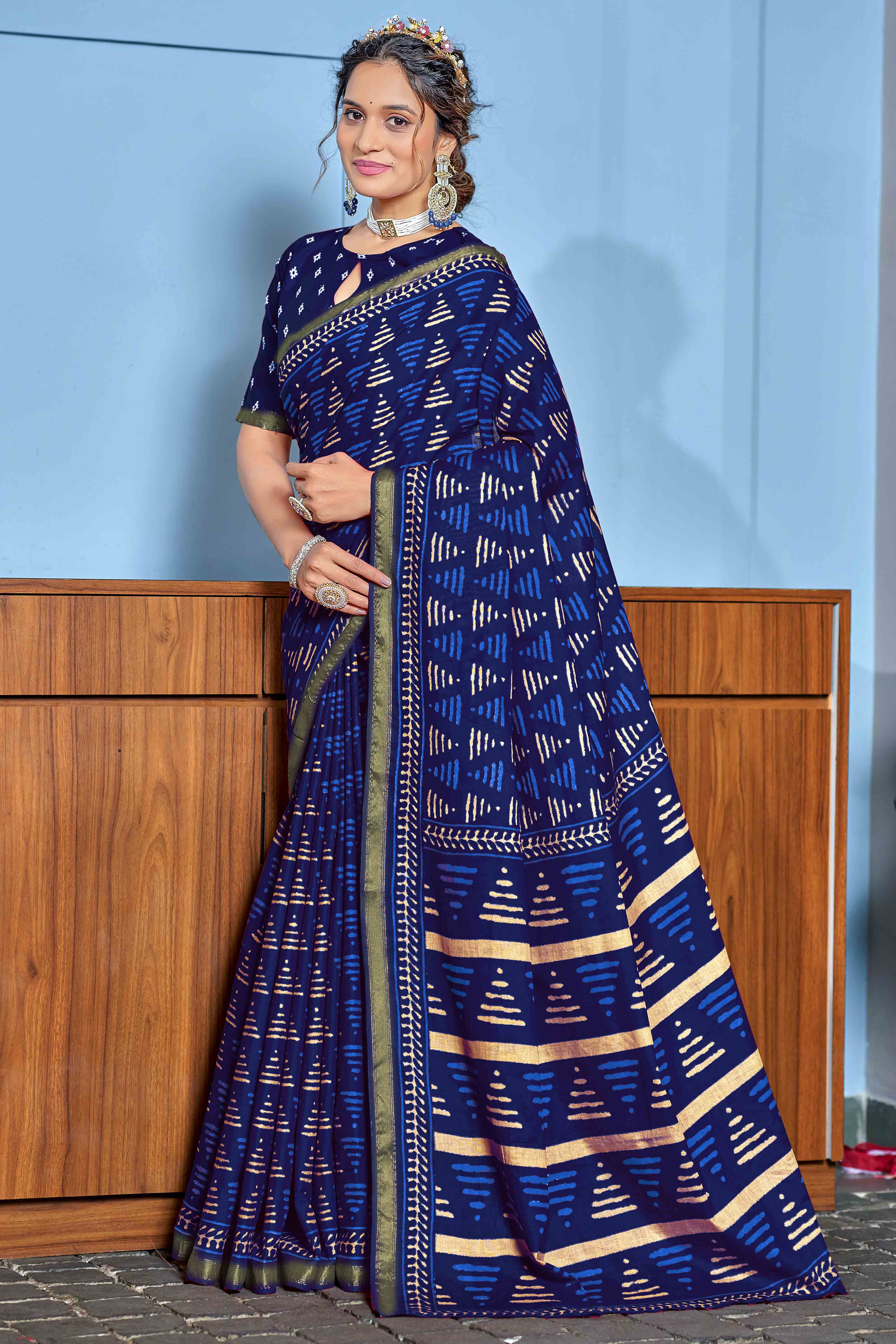 Navy Blue Pure Mulmul Saree with Modern Geometric Design