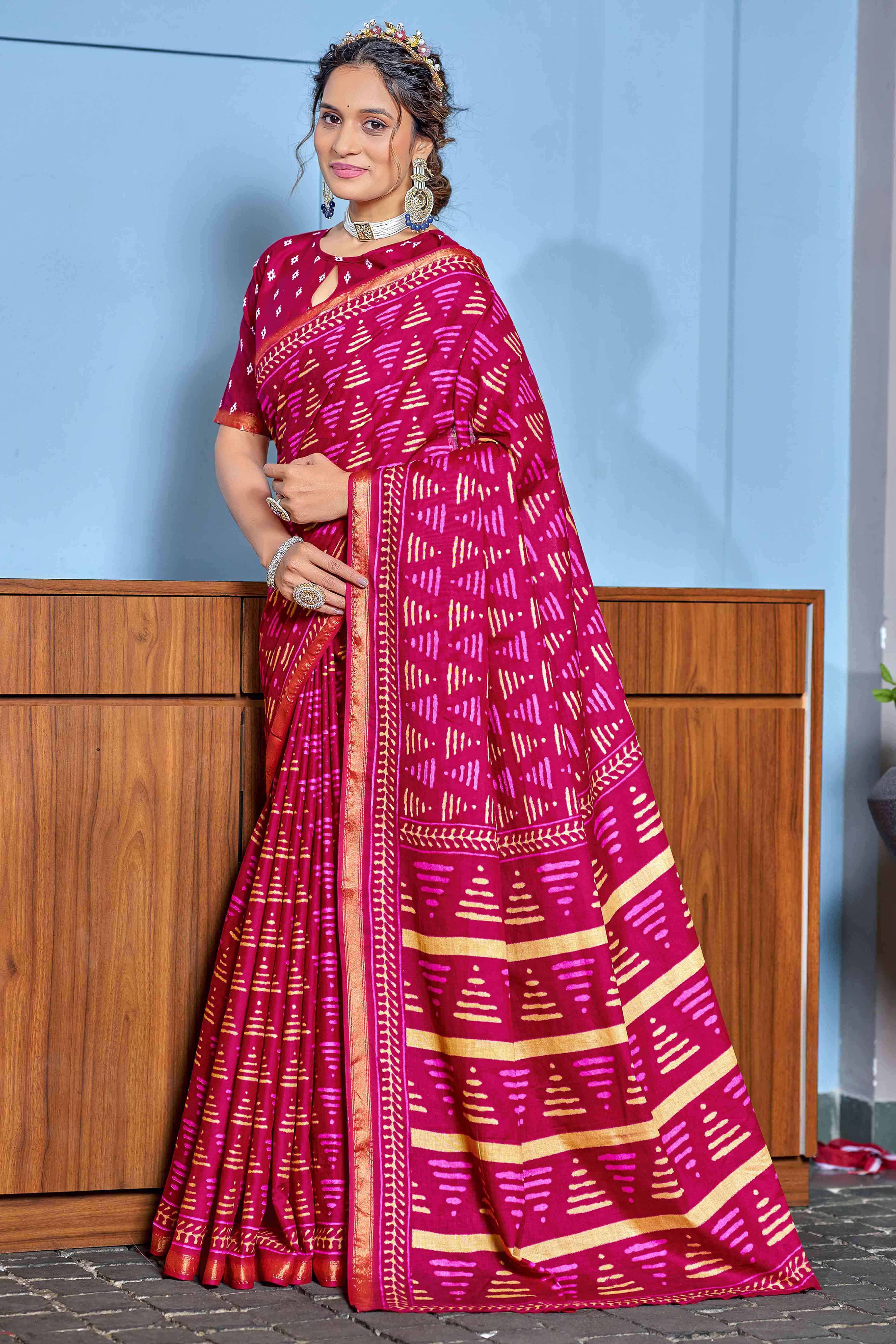 Chic Pink Geometric Printed Pure Mulmul Saree