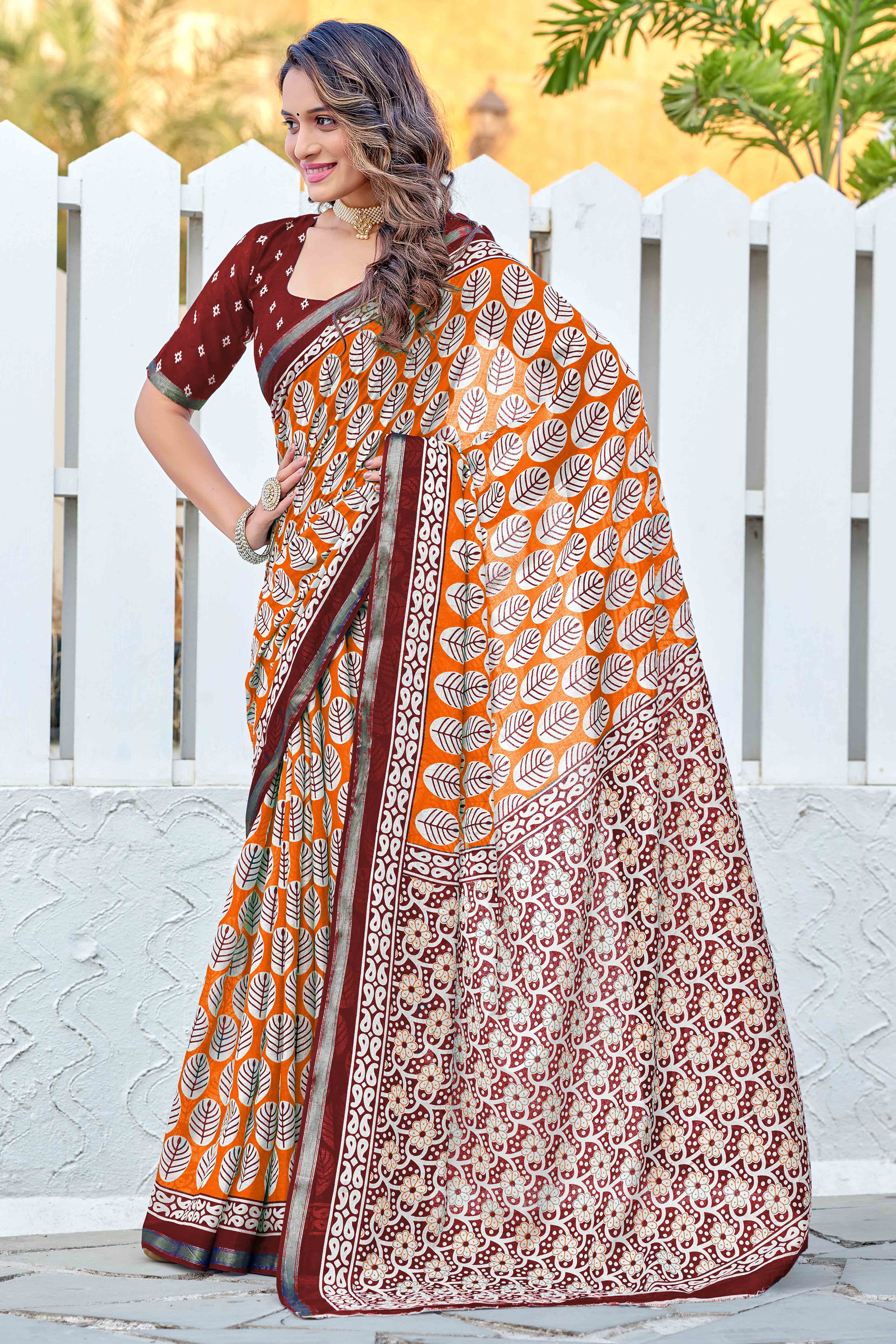 Vibrant Orange Floral Print In Mulmul Cotton Saree
