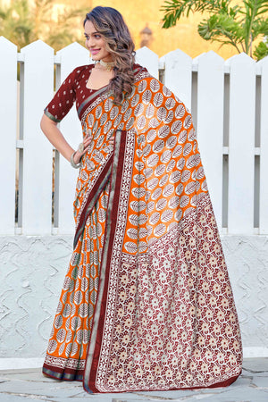 Vibrant Orange Floral Print In Mulmul Cotton Saree