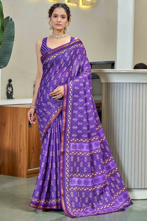 Purple Floral Printed Pure In Mulmul Cotton Saree