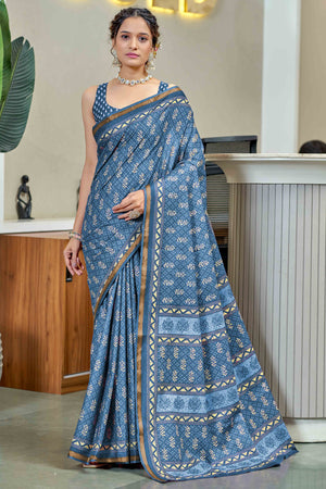 Refreshing Teal Floral Print Pure In Mulmul Saree