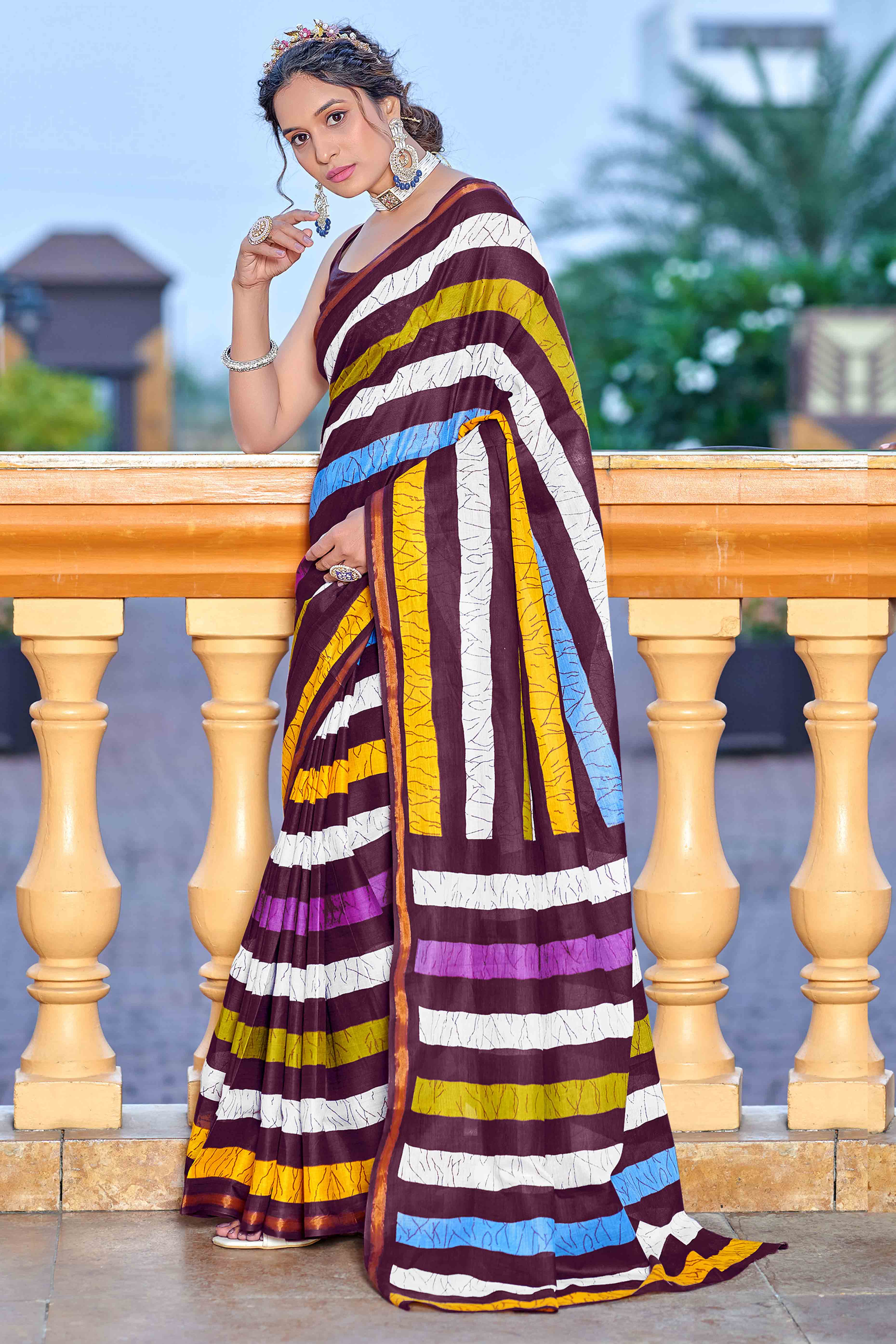 Wine Striped Printed Pure Mulmul Cotton Saree