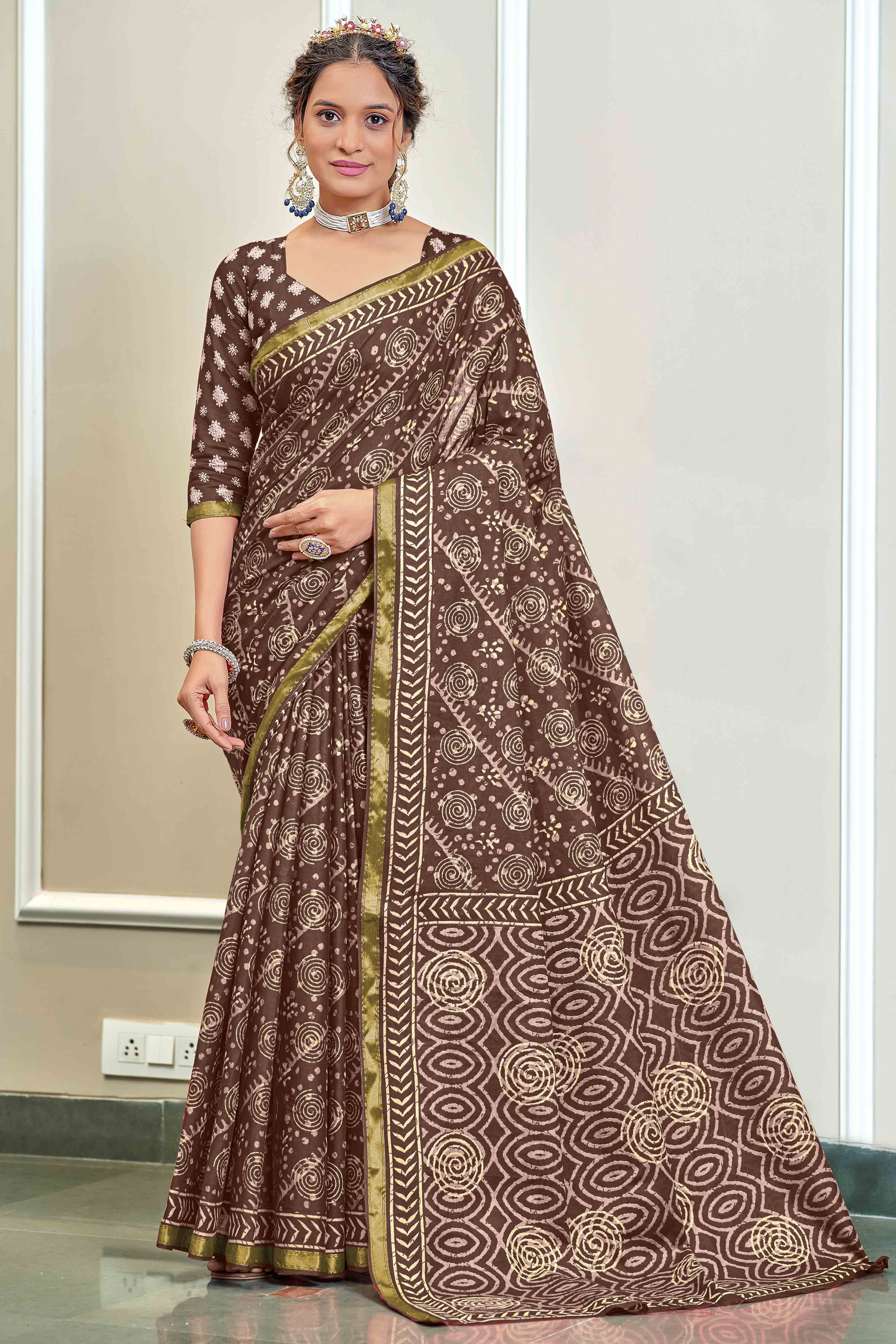 Coffee Brown Abstract Print Printed Pure Mulmul Cotton Saree
