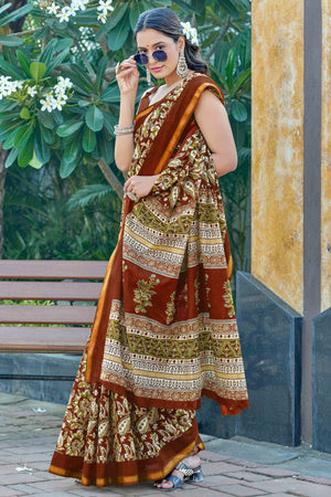 Vibrant Brown Floral Print In Mulmul Cotton Saree