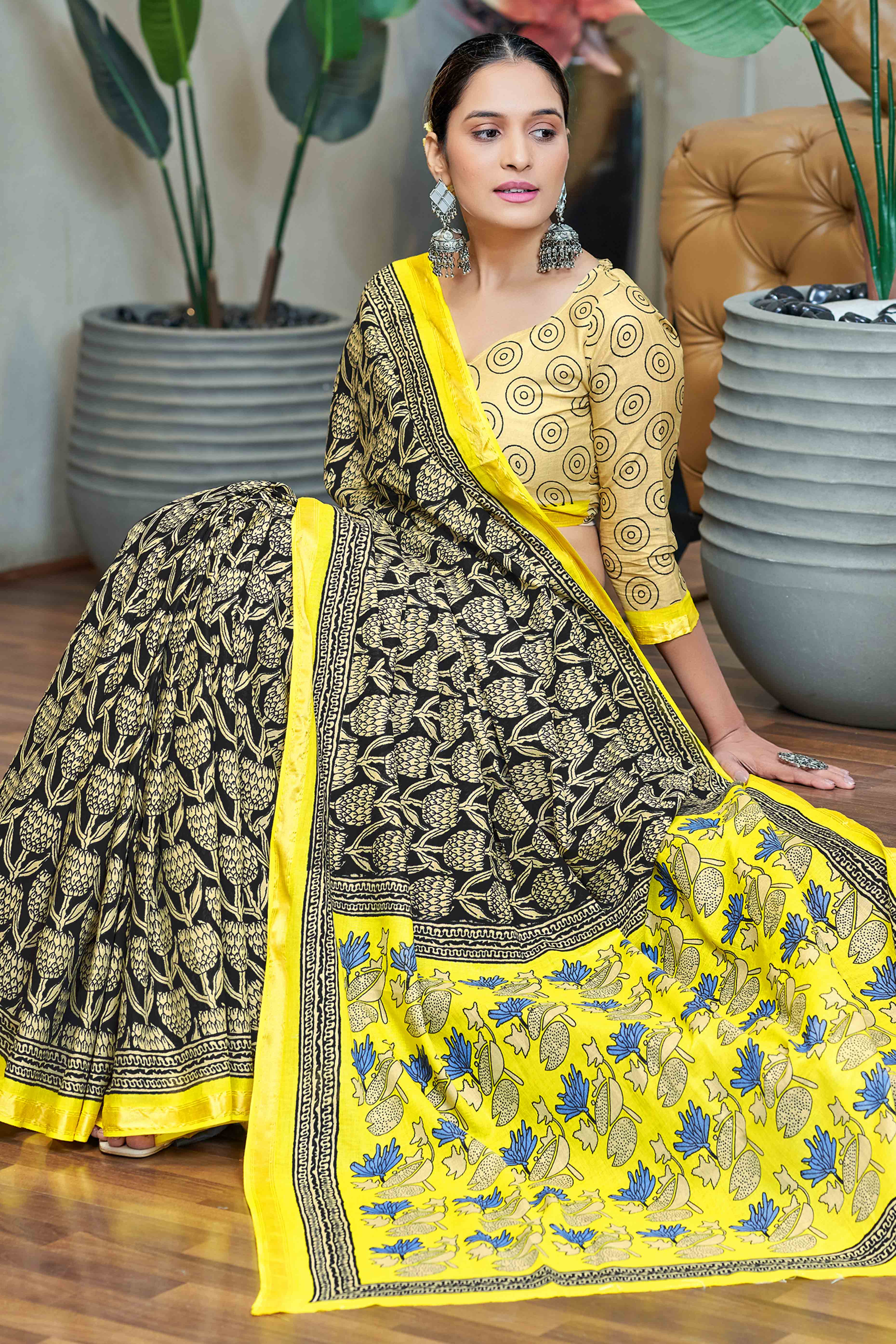 Black Floral Printed Pure Mulmul Cotton Saree