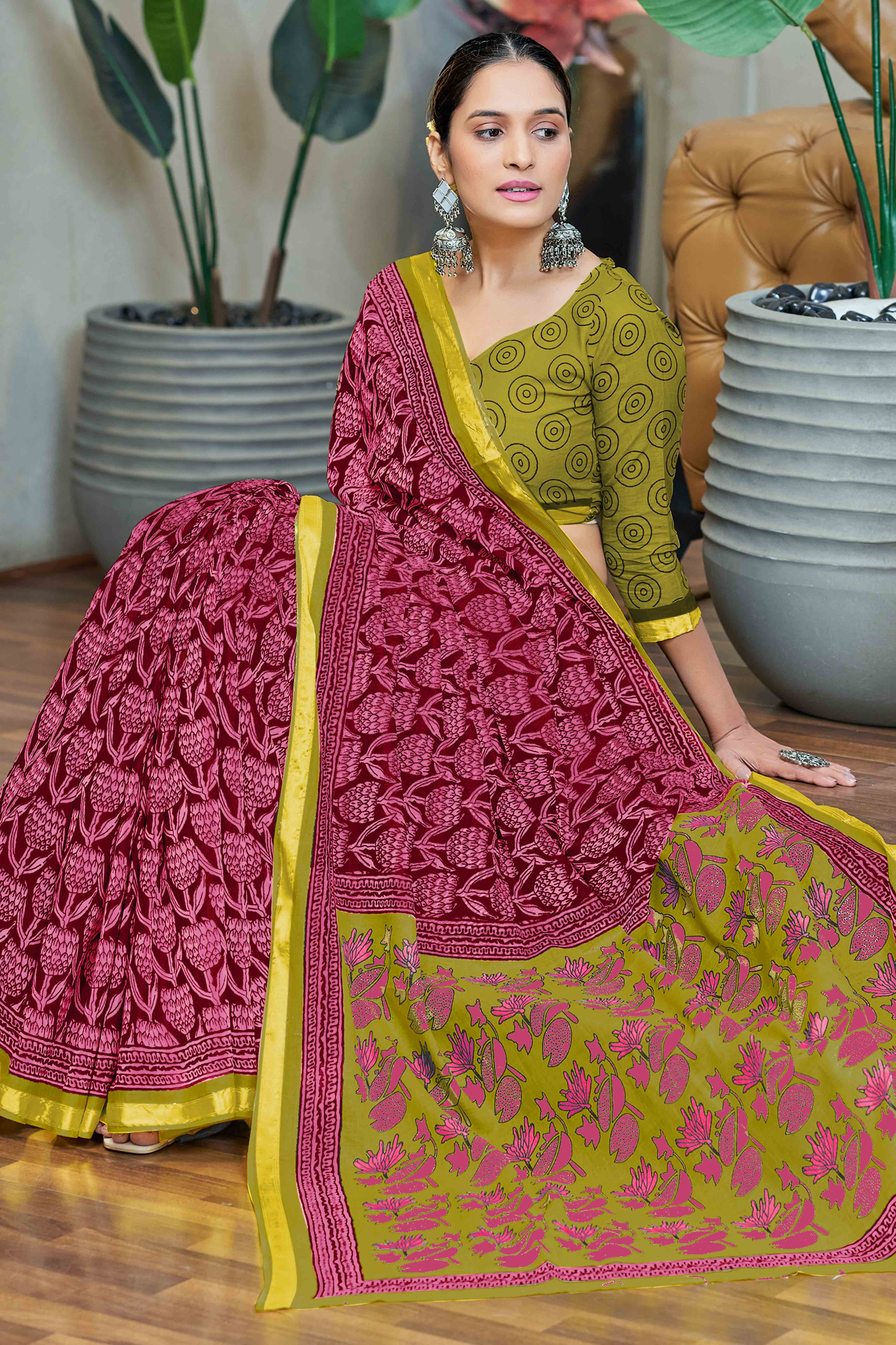 Pink Floral Printed Pure Mulmul Cotton Saree