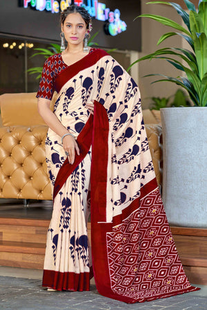 Cream & Maroon Abstract Printed Soft Pure Cotton Saree