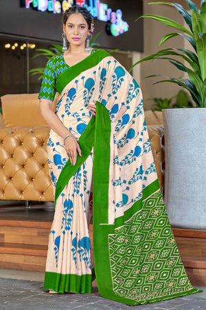 Cream & Parrot Green Abstract Printed Soft Pure Cotton Saree