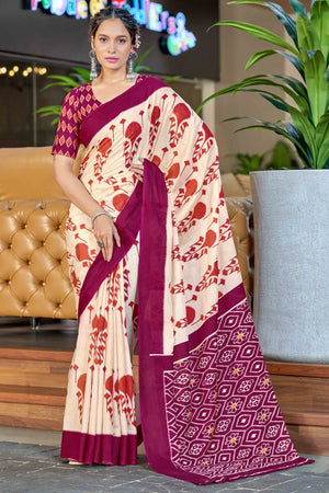 Cream & Wine Abstract Printed Soft Pure Cotton Saree
