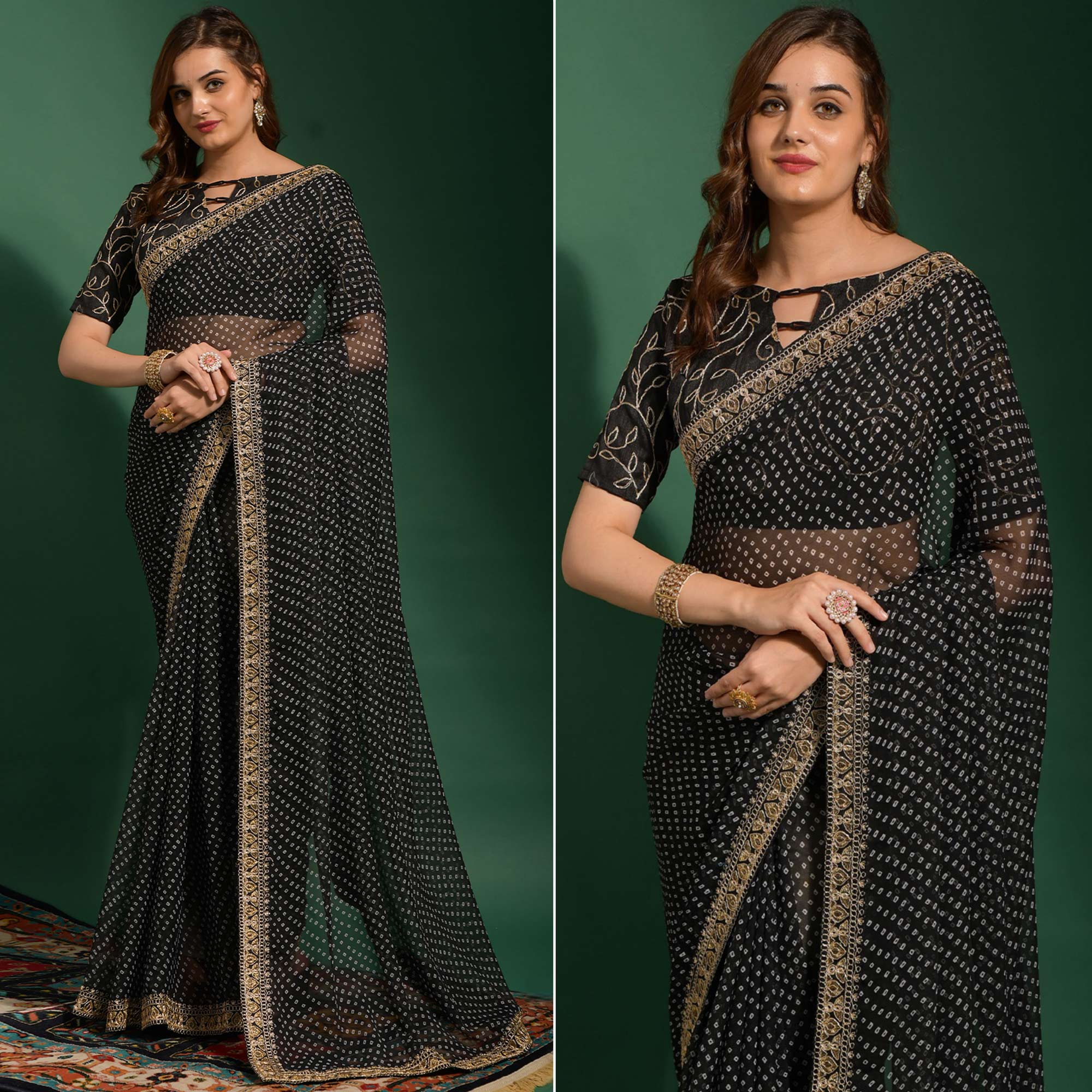 Black Bandhani Printed Georgette Saree With Embroidered Border