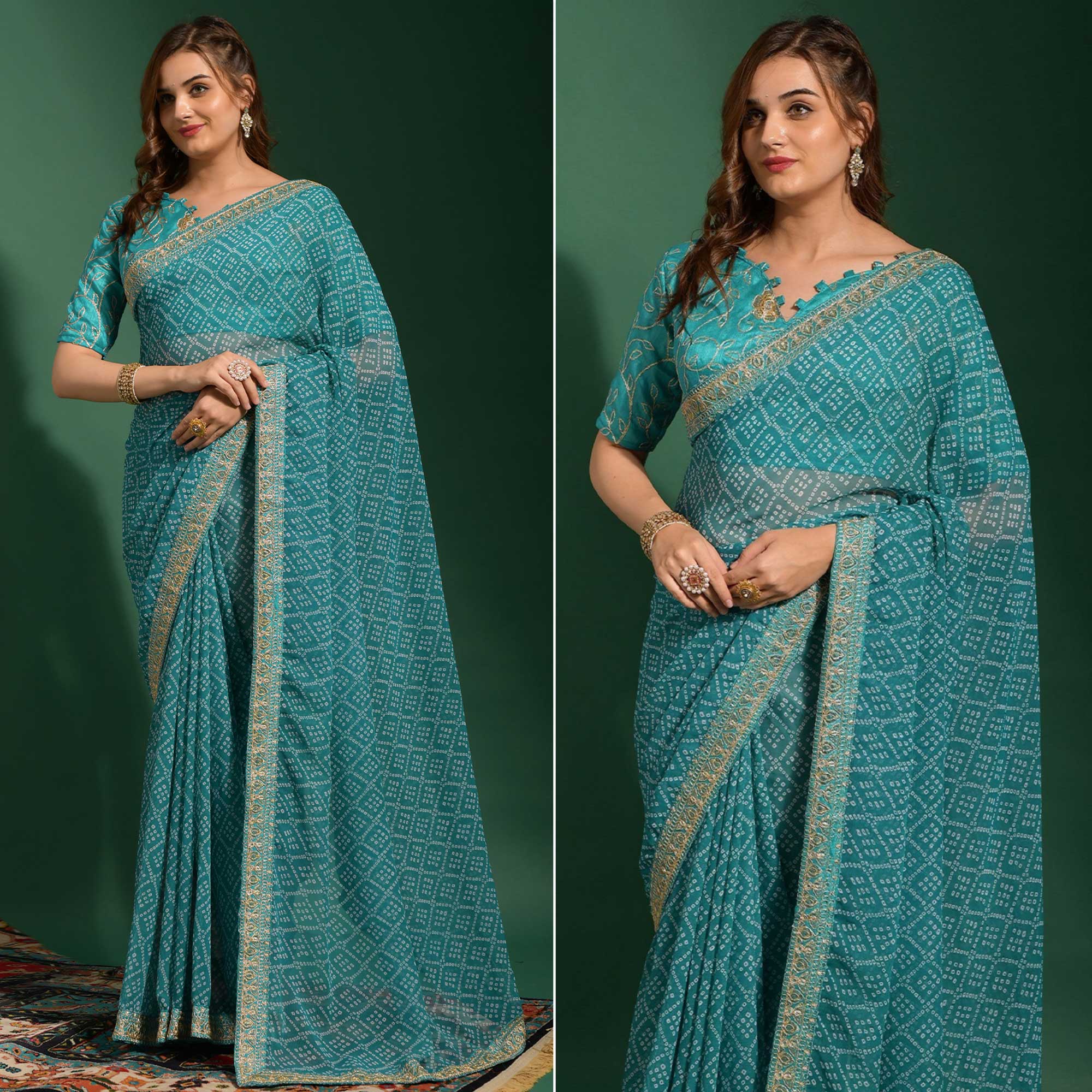 Rama Green Bandhani Printed Georgette Saree With Embroidered Border