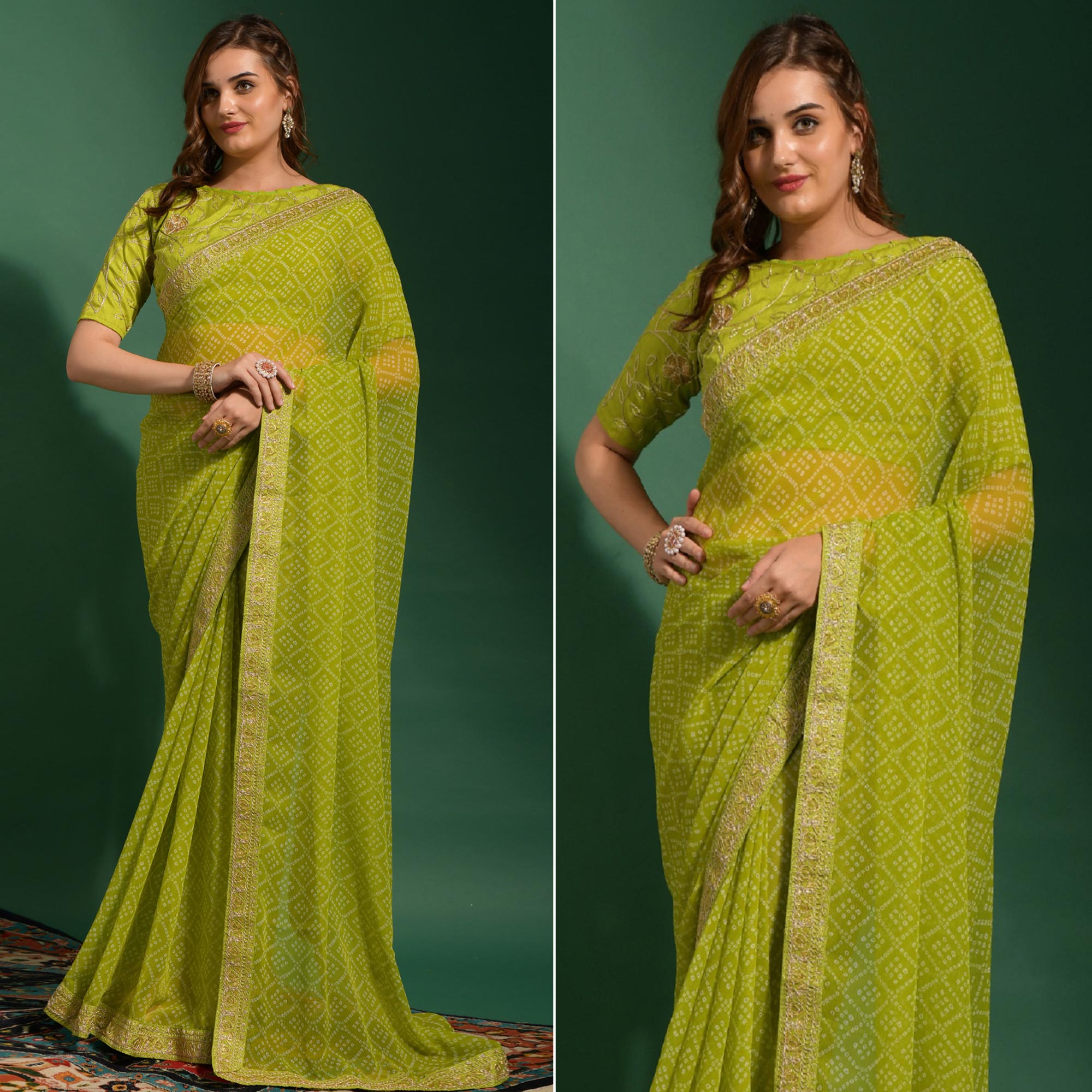Parrot Green Bandhani Printed Georgette Saree With Embroidered Border