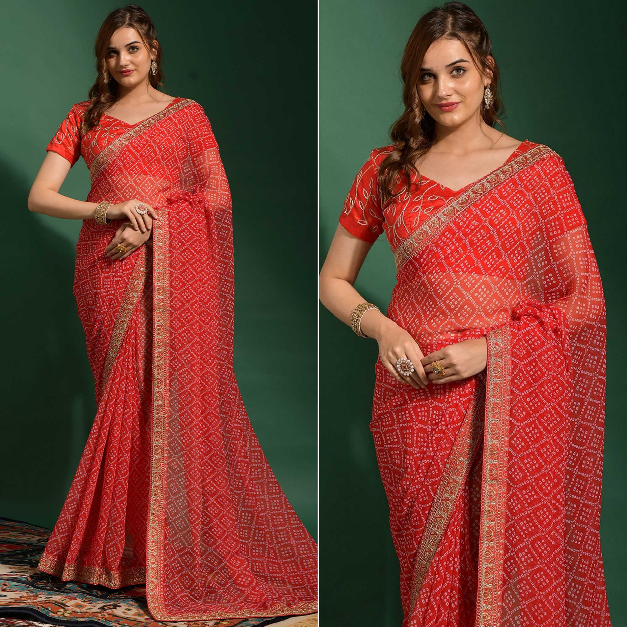 Red Bandhani Printed Georgette Saree With Embroidered Border