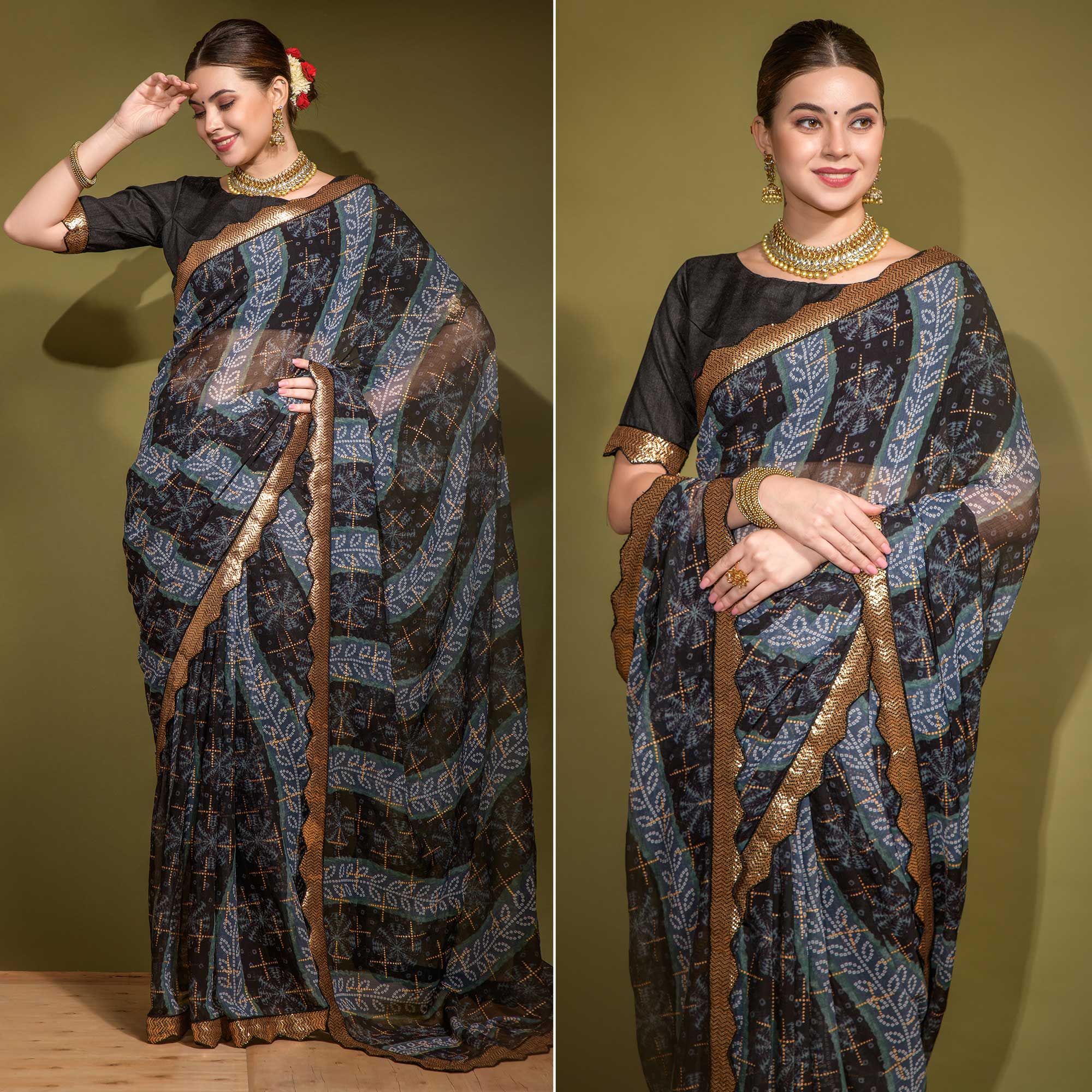Black Bandhani Foil Printed Georgette Saree With Embroidered Border