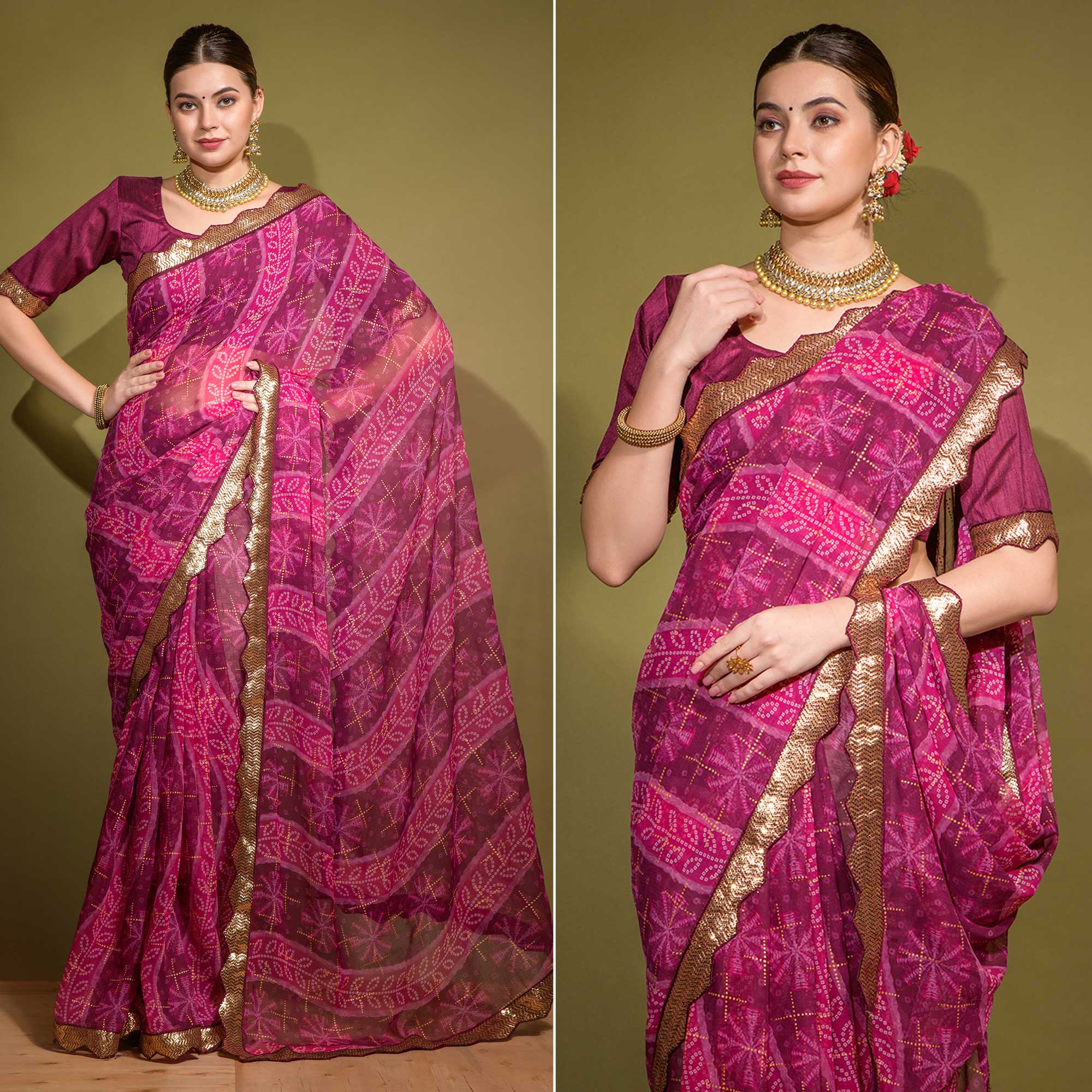 Pink Bandhani Foil Printed Georgette Saree With Embroidered Border