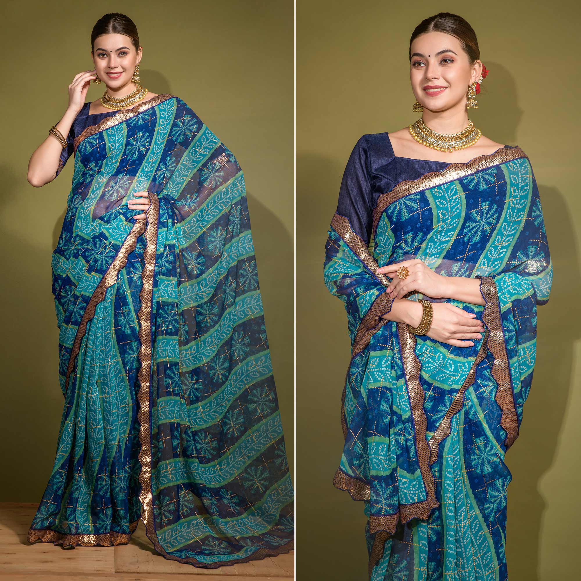 Blue Bandhani Foil Printed Georgette Saree With Embroidered Border