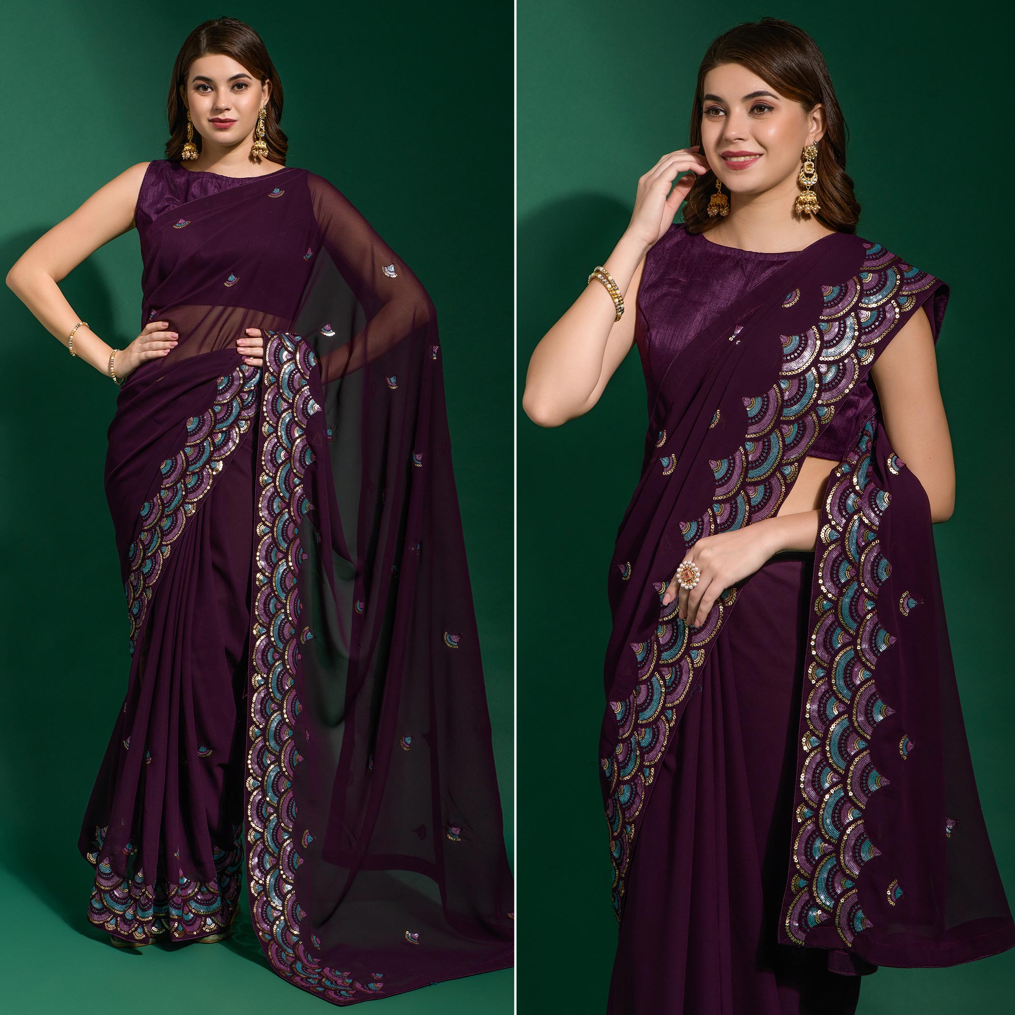 Wine Sequins Embroidered Georgette Saree