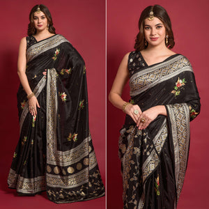 Black Floral Foil Printed Art Silk Saree