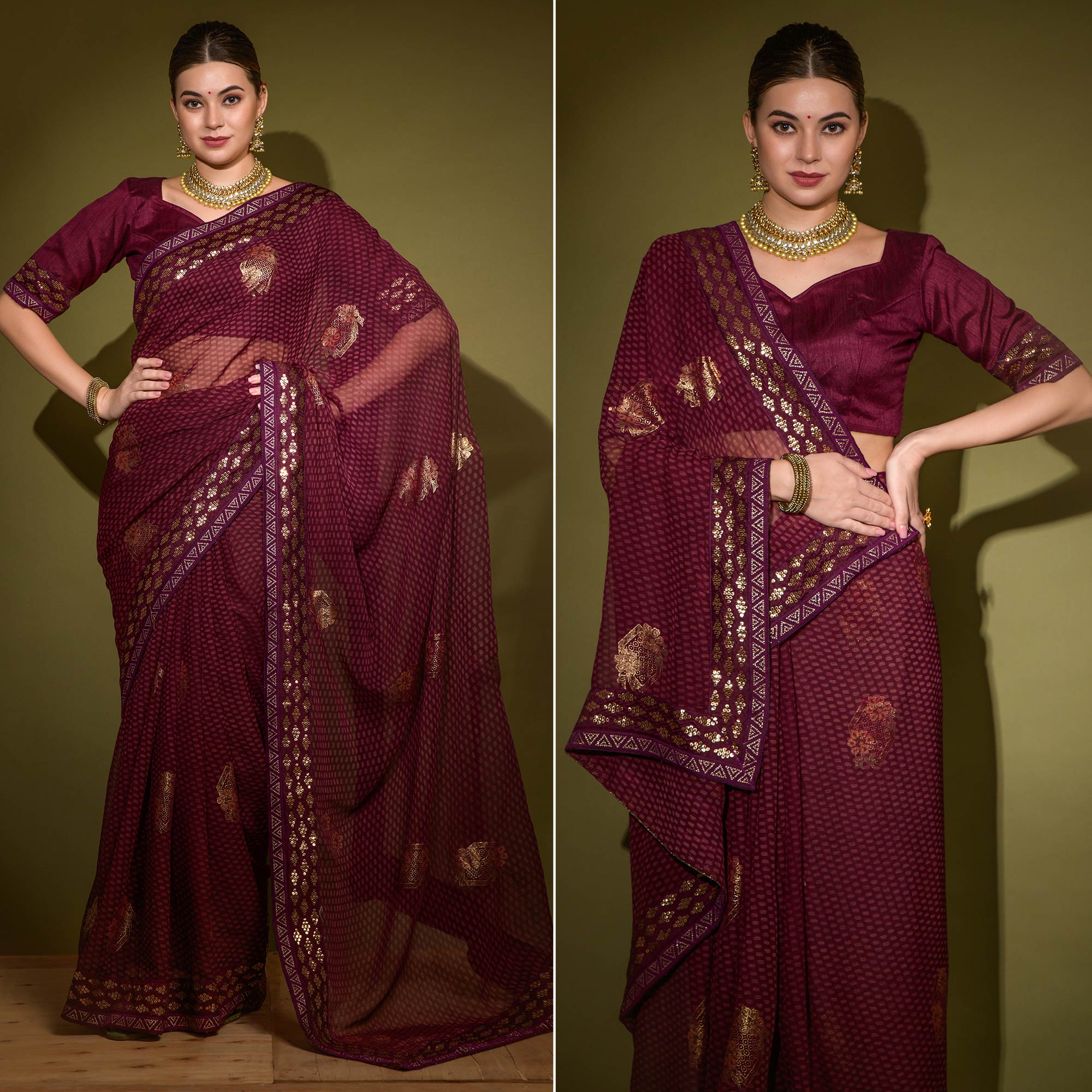 Wine Foil Printed Georgette Saree