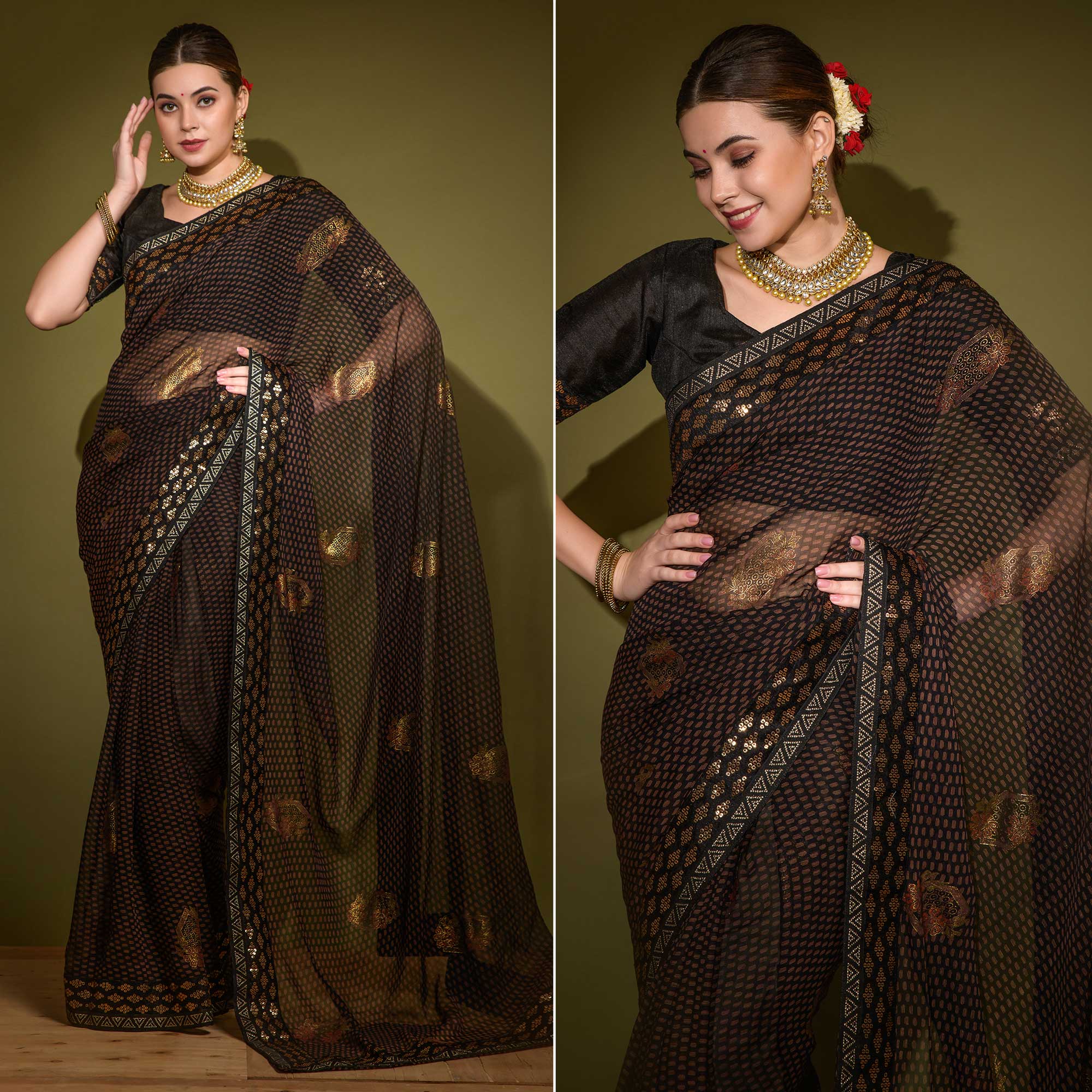 Black Foil Printed Georgette Saree